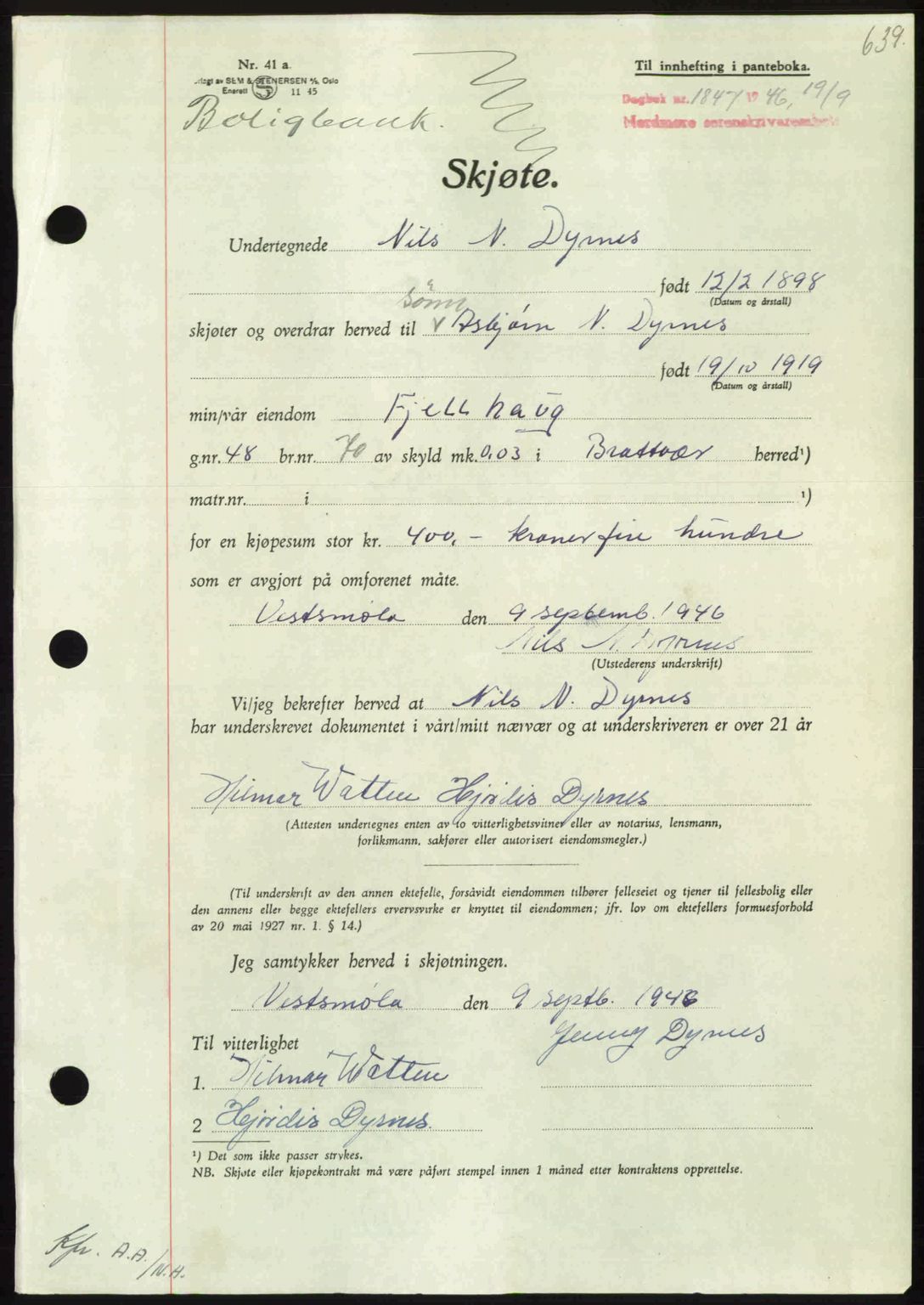 Nordmøre sorenskriveri, SAT/A-4132/1/2/2Ca: Pantebok nr. A102, 1946-1946, Dagboknr: 1847/1946