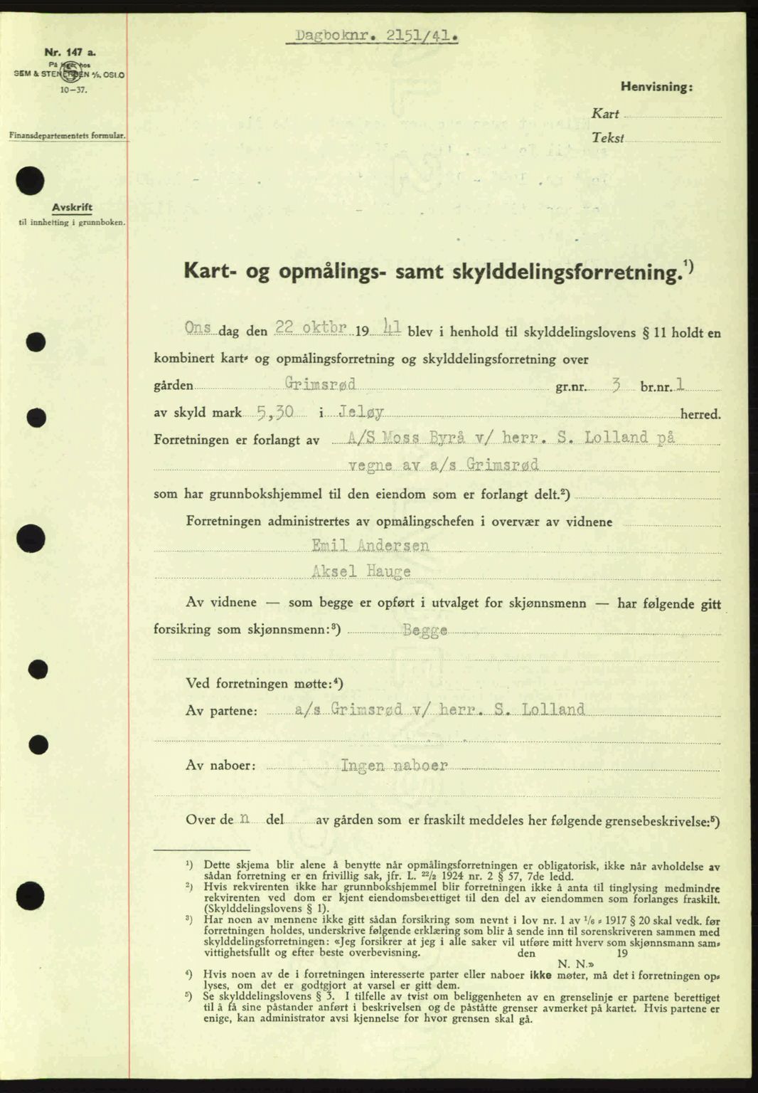 Moss sorenskriveri, SAO/A-10168: Pantebok nr. A9, 1941-1942, Dagboknr: 2151/1941
