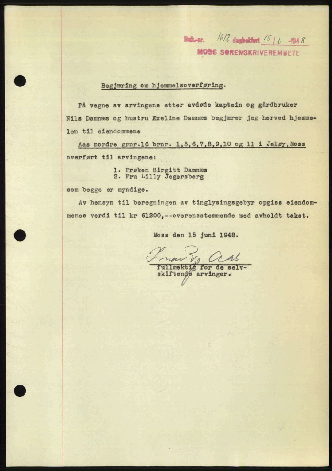 Moss sorenskriveri, SAO/A-10168: Pantebok nr. A19, 1947-1948, Dagboknr: 1612/1948