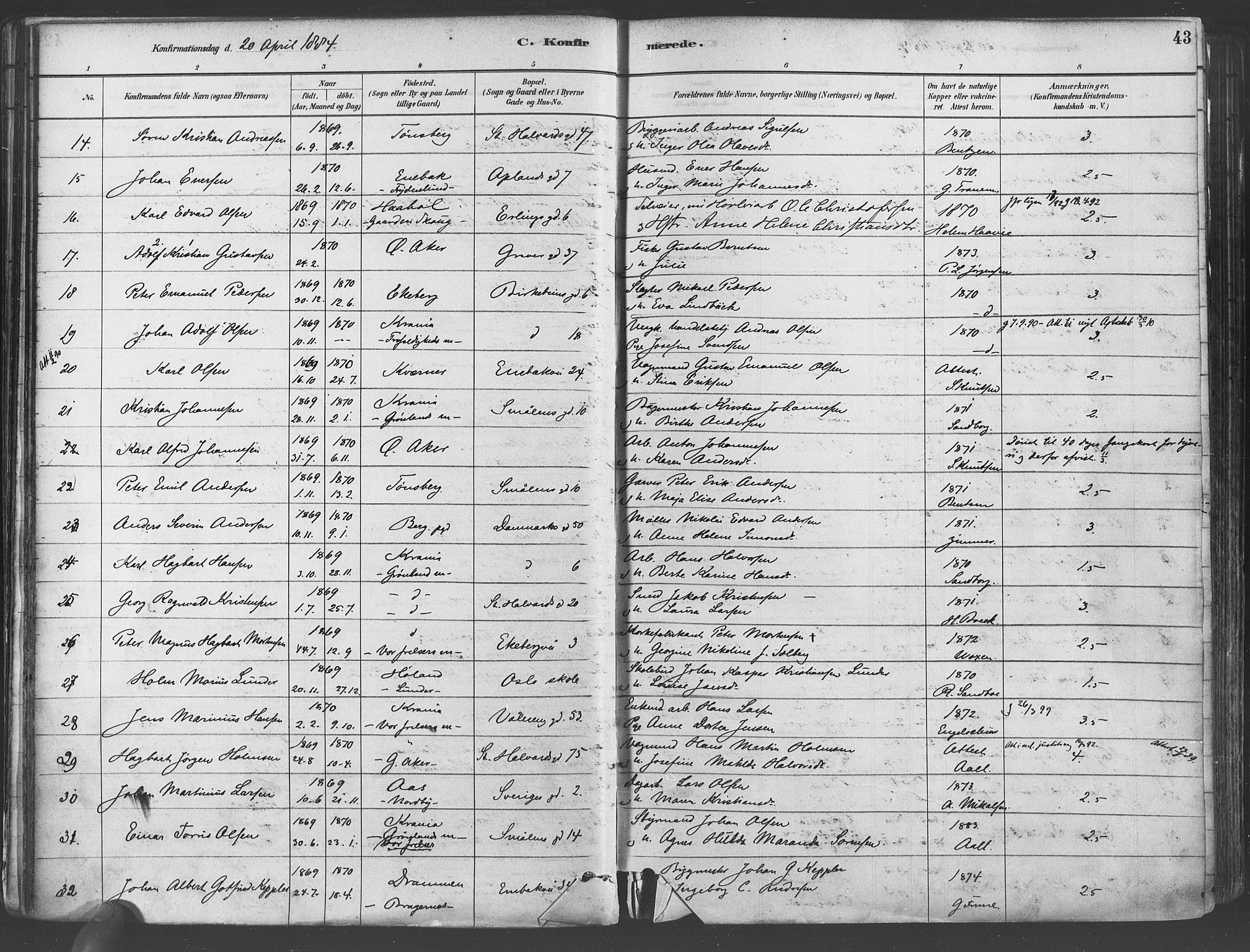 Gamlebyen prestekontor Kirkebøker, AV/SAO-A-10884/F/Fa/L0006: Ministerialbok nr. 6, 1881-1890, s. 43