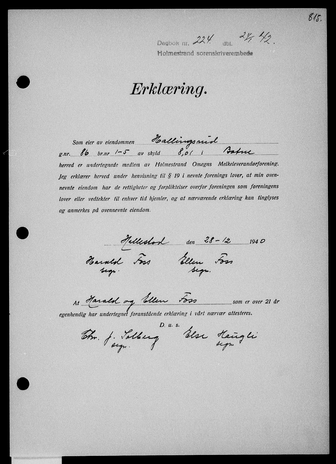 Holmestrand sorenskriveri, SAKO/A-67/G/Ga/Gaa/L0054: Pantebok nr. A-54, 1941-1942, Dagboknr: 224/1942