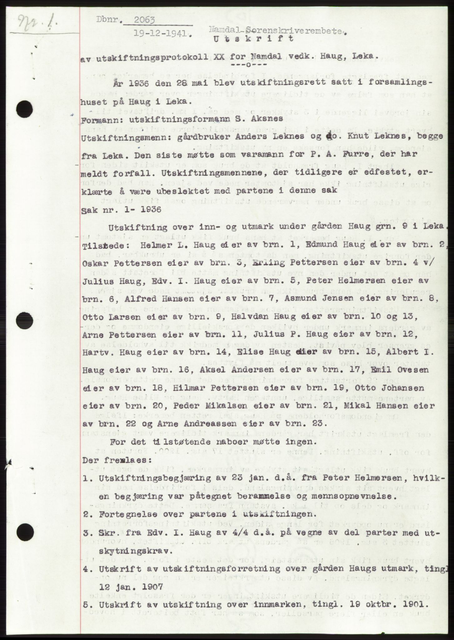 Namdal sorenskriveri, SAT/A-4133/1/2/2C: Pantebok nr. -, 1941-1942, Dagboknr: 2063/1941