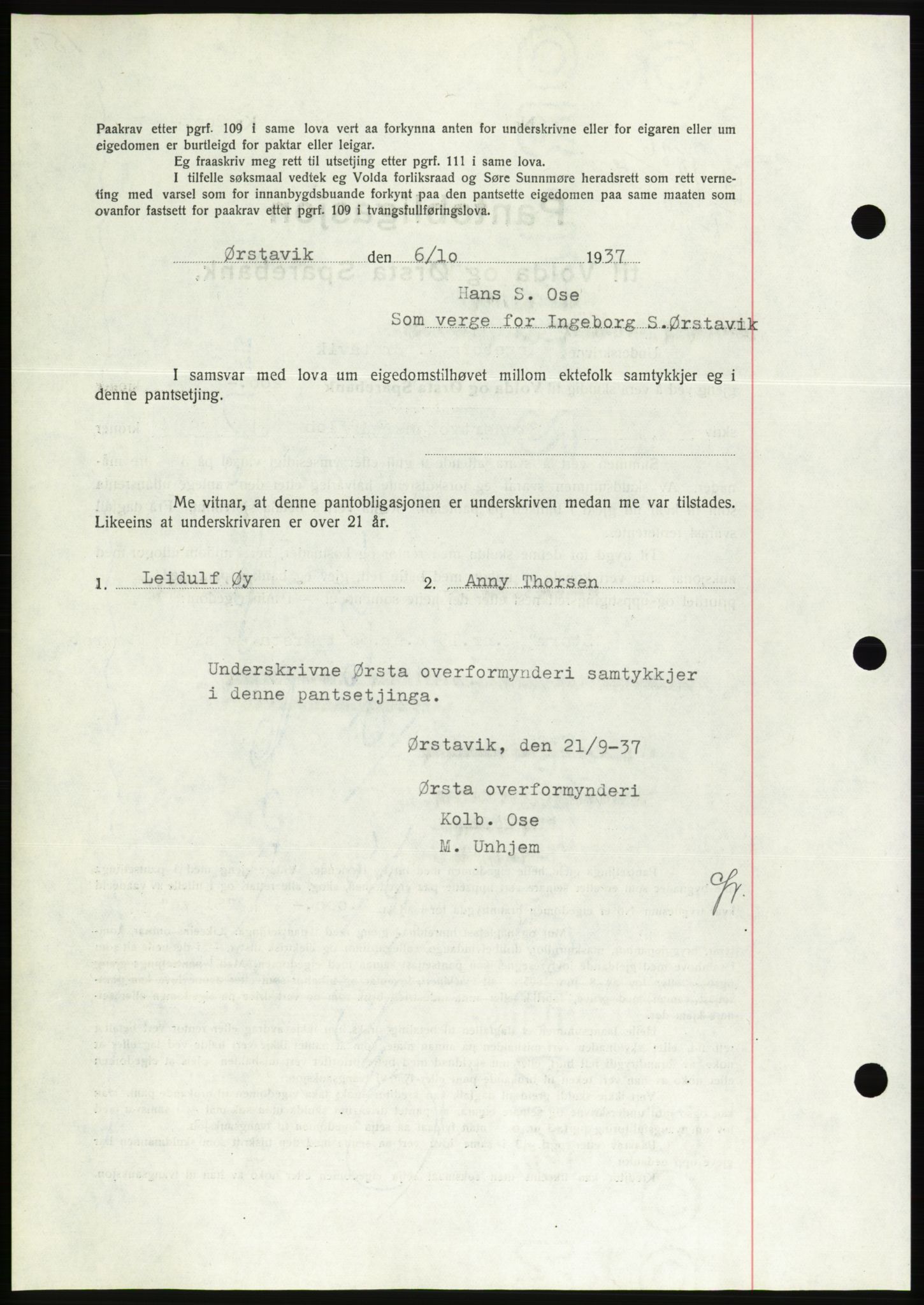 Søre Sunnmøre sorenskriveri, AV/SAT-A-4122/1/2/2C/L0064: Pantebok nr. 58, 1937-1938, Dagboknr: 1586/1937