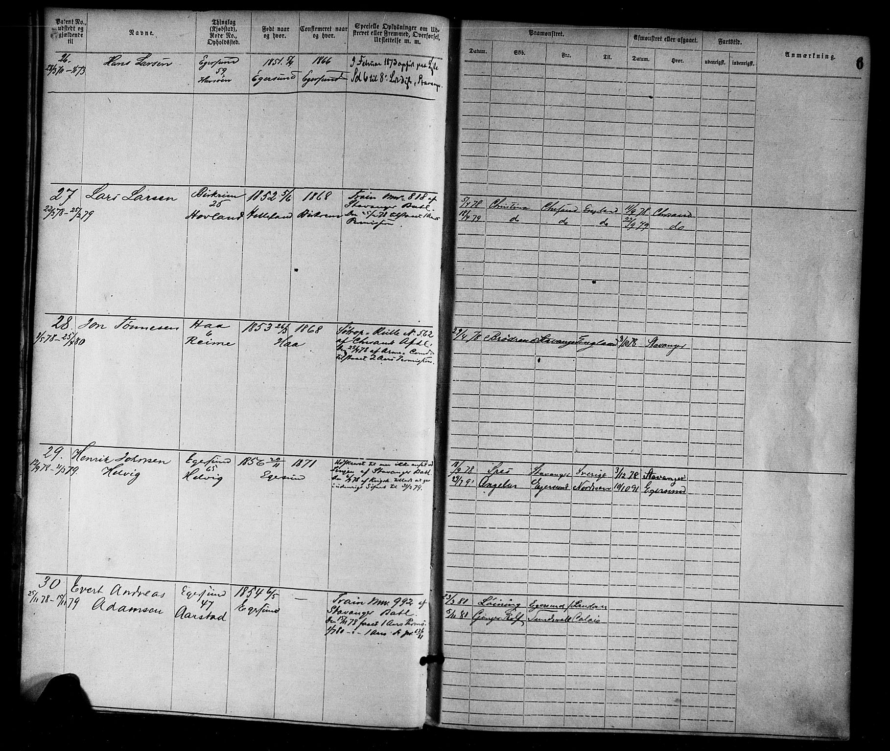 Egersund mønstringskrets, SAK/2031-0019/F/Fa/L0001: Annotasjonsrulle nr 1-1440 med register, O-1, 1869-1895, s. 20