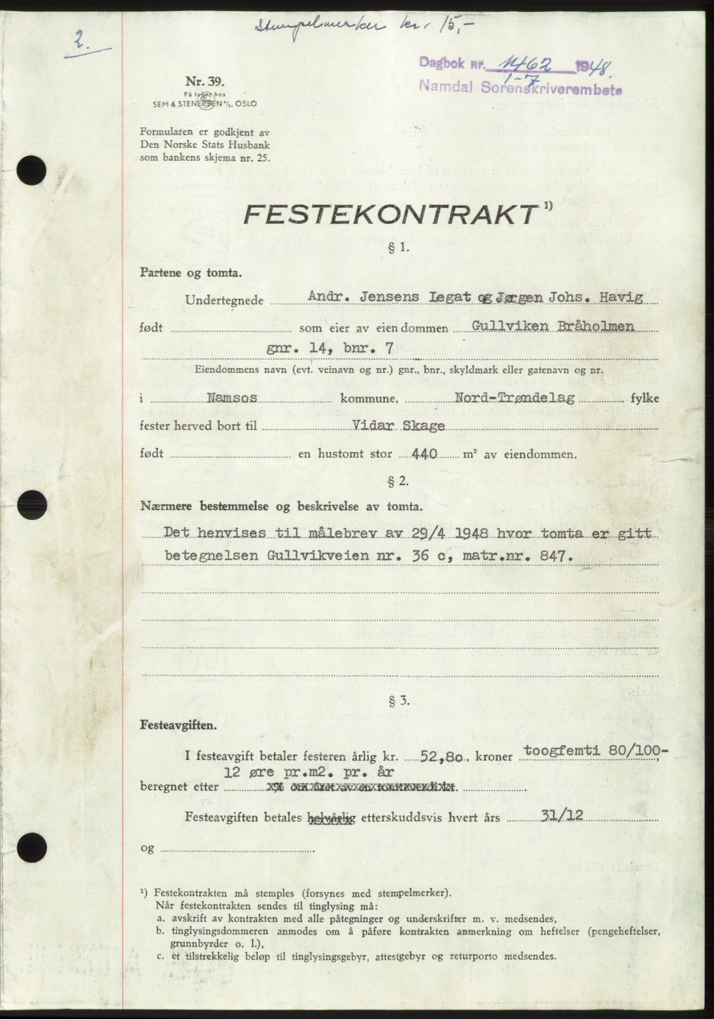 Namdal sorenskriveri, SAT/A-4133/1/2/2C: Pantebok nr. -, 1948-1948, Dagboknr: 1462/1948