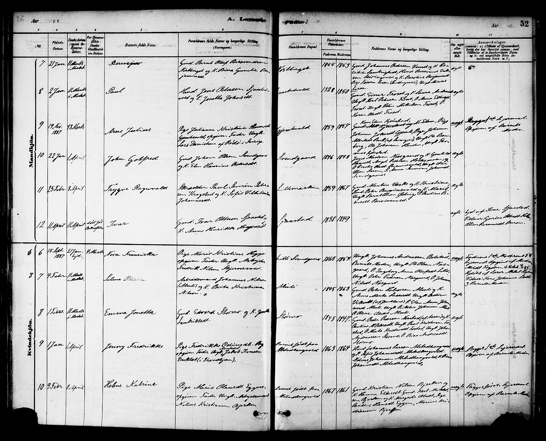 Ministerialprotokoller, klokkerbøker og fødselsregistre - Nord-Trøndelag, SAT/A-1458/717/L0159: Ministerialbok nr. 717A09, 1878-1898, s. 52
