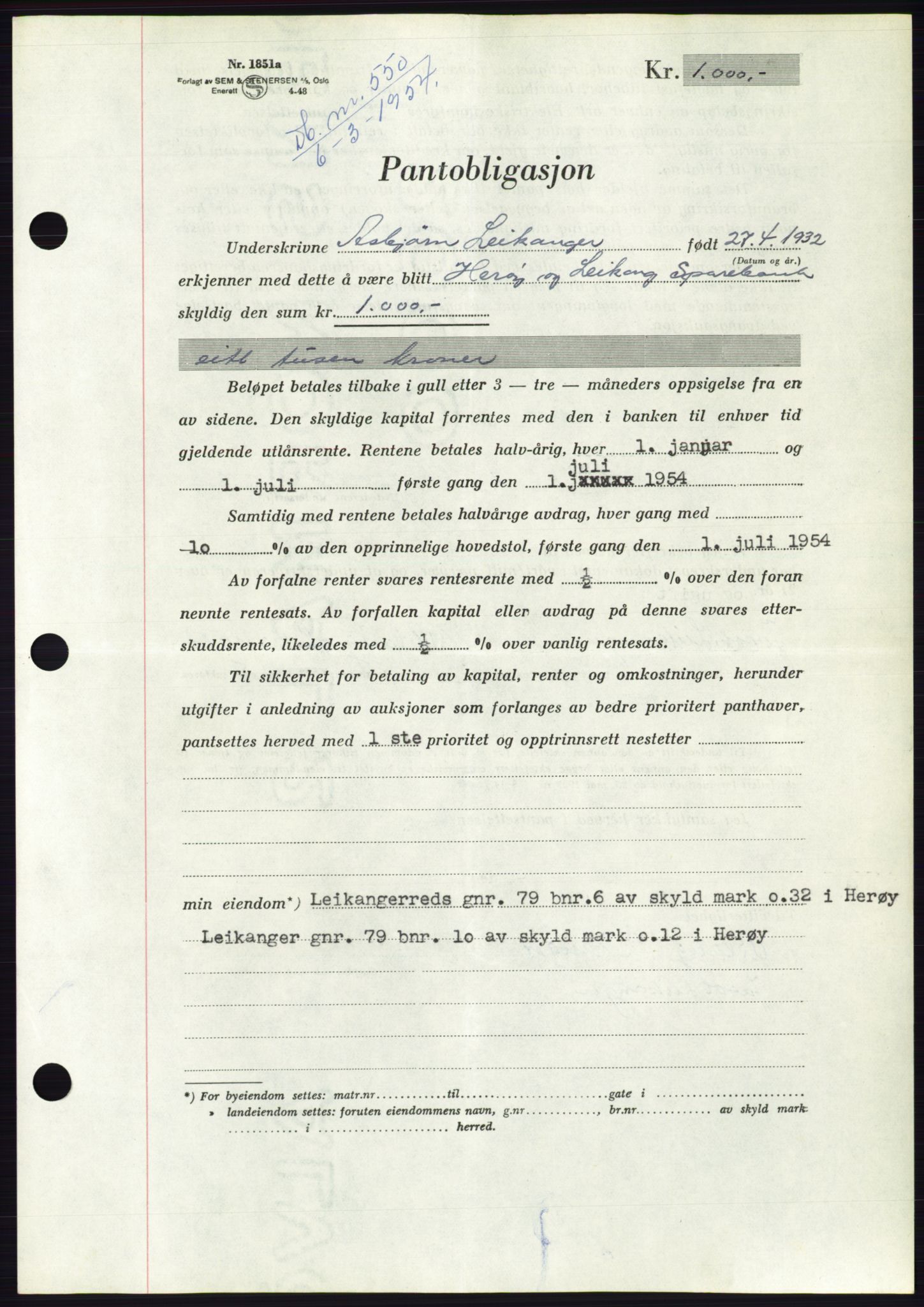 Søre Sunnmøre sorenskriveri, AV/SAT-A-4122/1/2/2C/L0124: Pantebok nr. 12B, 1953-1954, Dagboknr: 550/1954