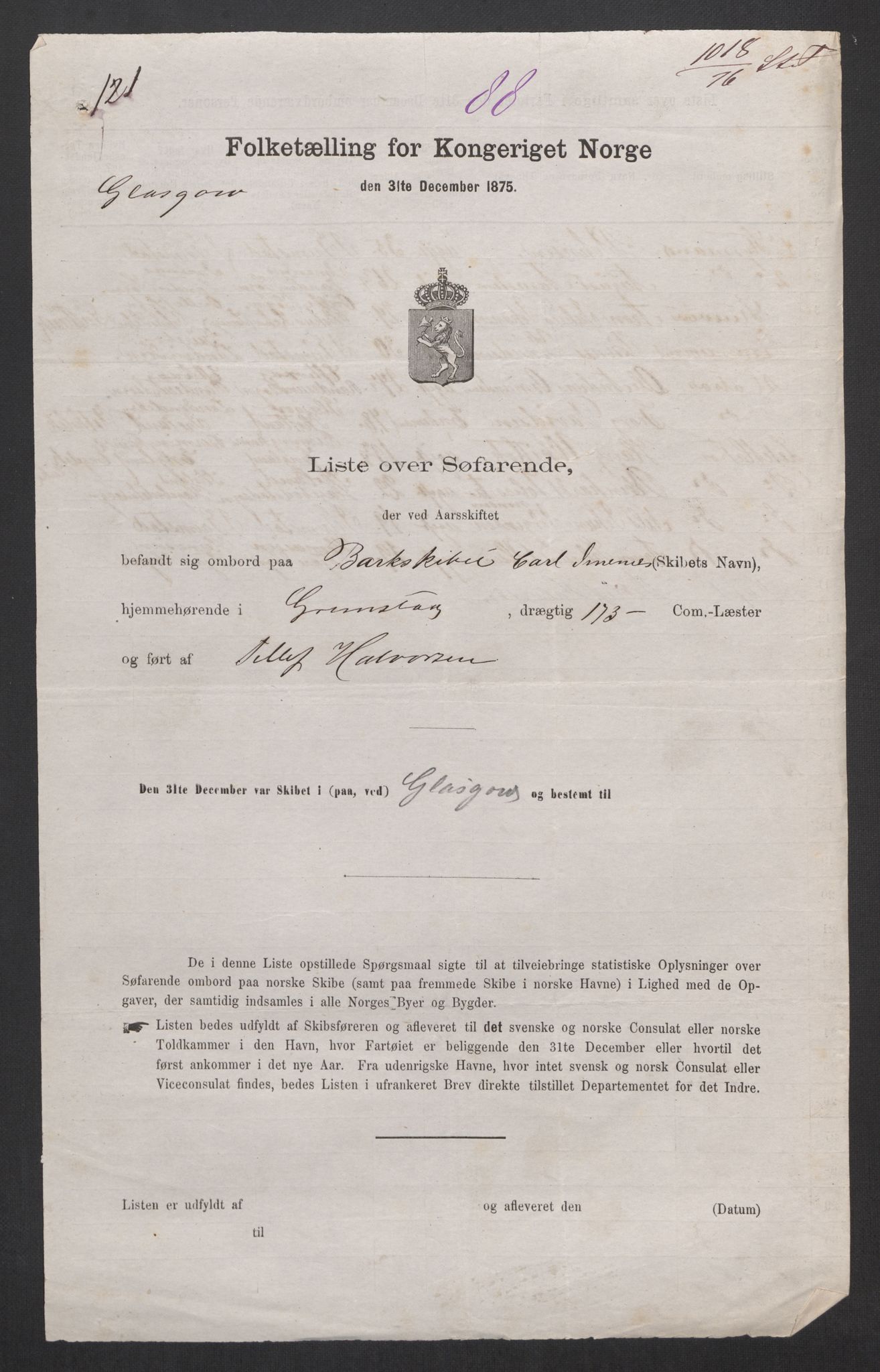 RA, Folketelling 1875, skipslister: Skip i utenrikske havner, hjemmehørende i 1) byer og ladesteder, Grimstad - Tromsø, 2) landdistrikter, 1875, s. 176