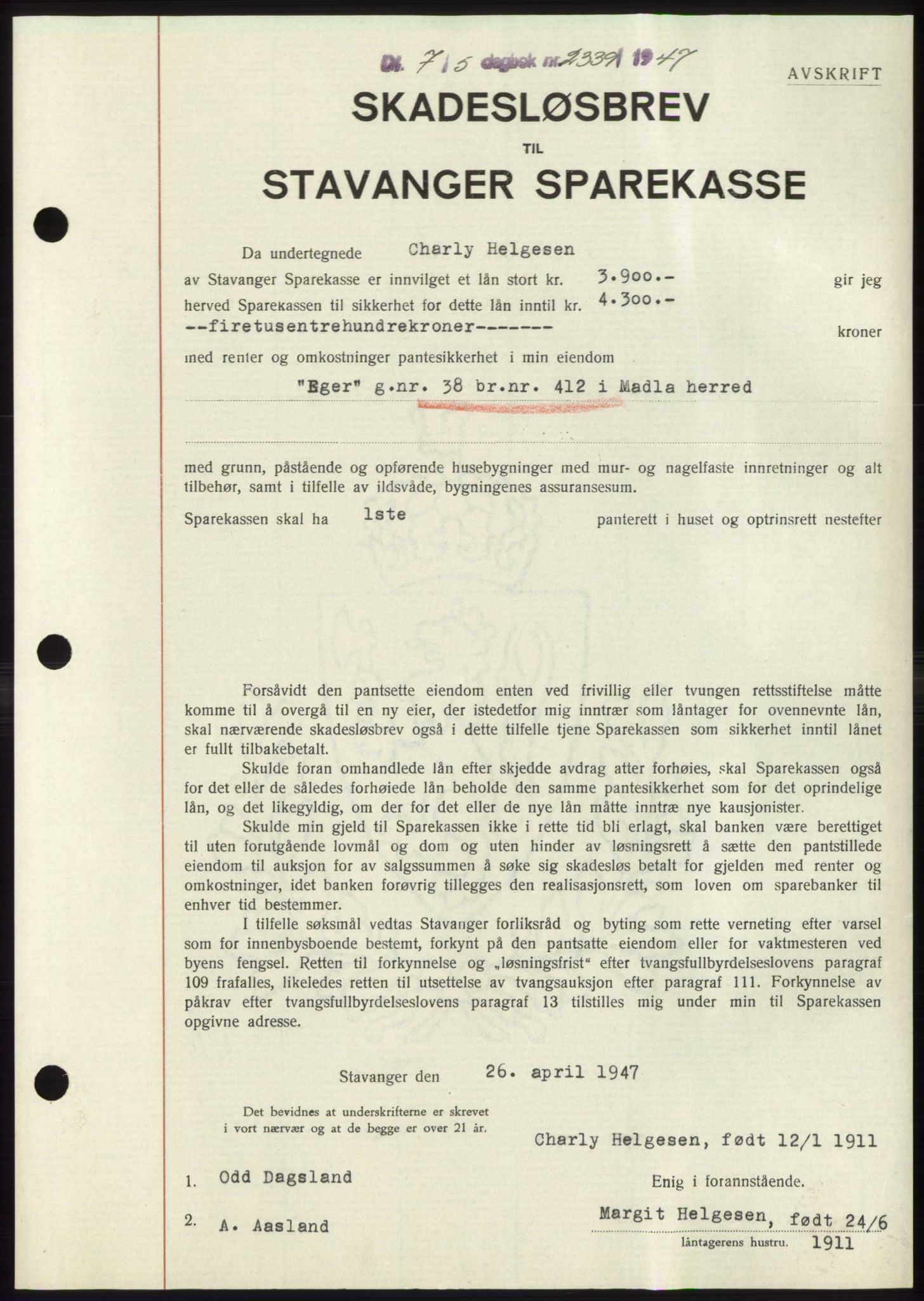Jæren sorenskriveri, SAST/A-100310/03/G/Gba/L0094: Pantebok, 1947-1947, Dagboknr: 2339/1947
