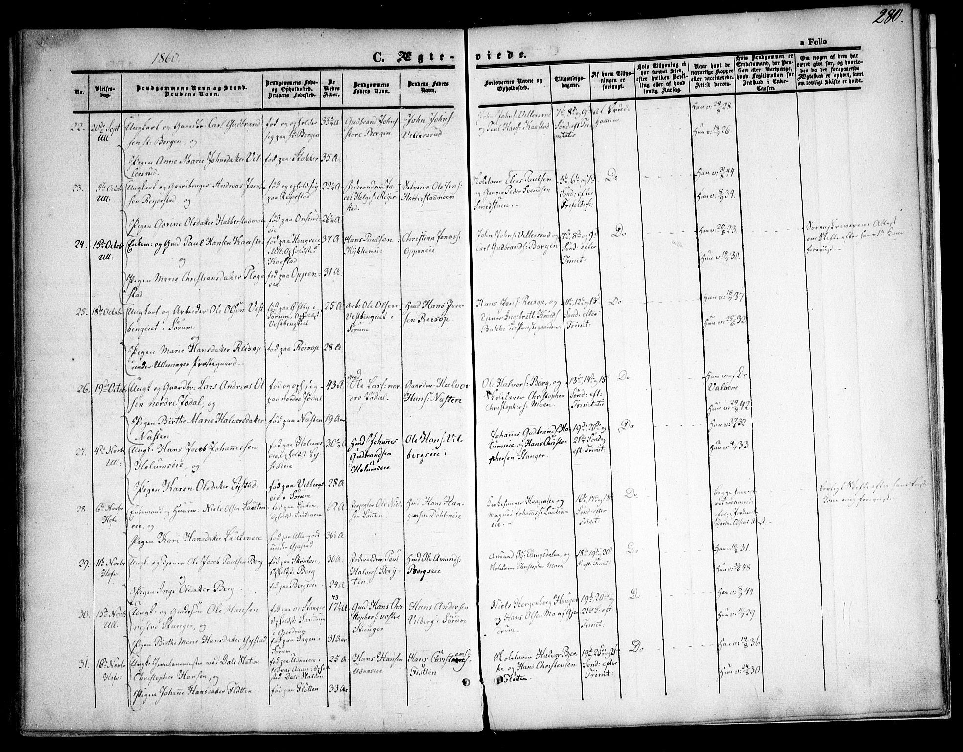 Ullensaker prestekontor Kirkebøker, AV/SAO-A-10236a/F/Fa/L0015.a: Ministerialbok nr. I 15A, 1851-1862, s. 280
