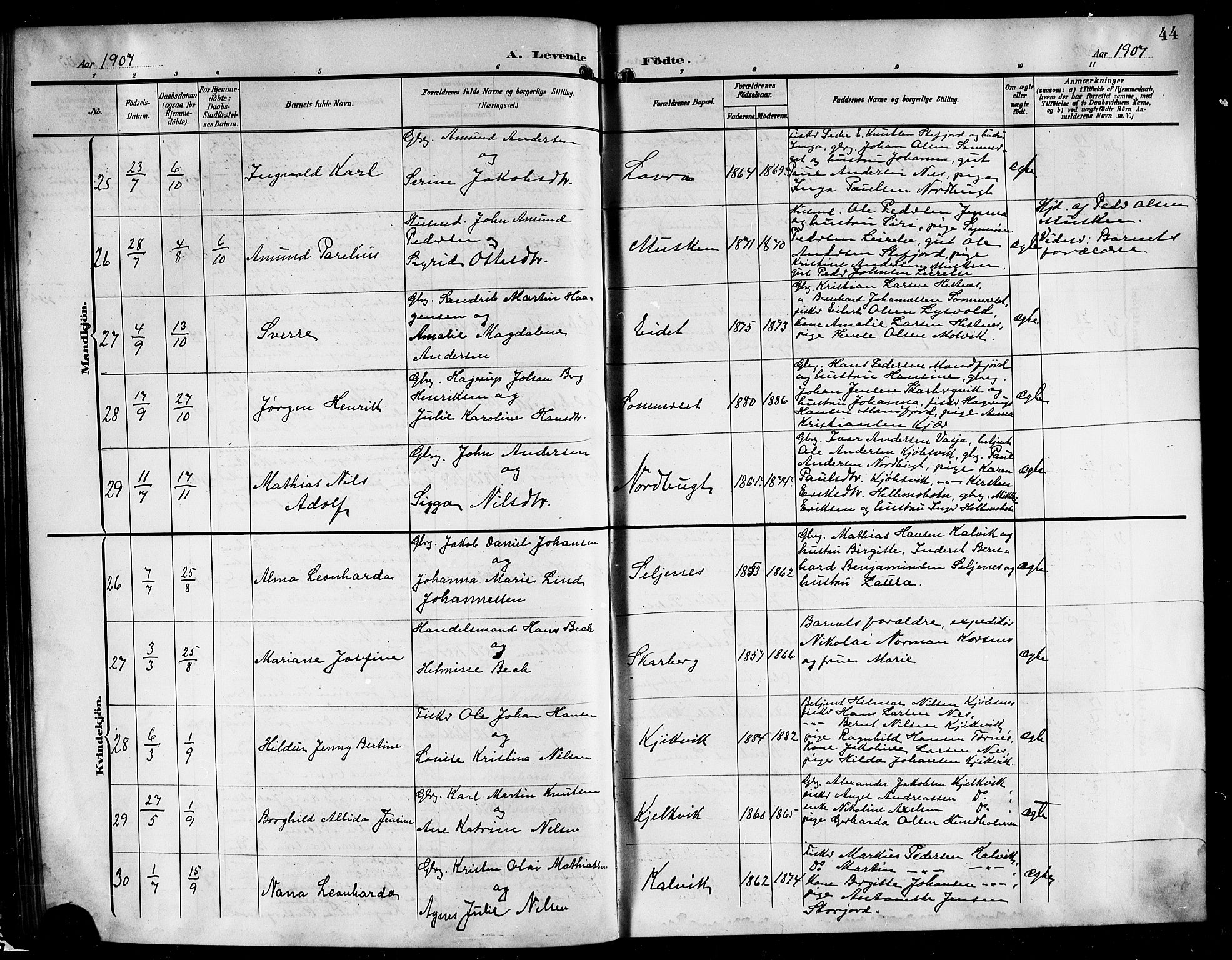 Ministerialprotokoller, klokkerbøker og fødselsregistre - Nordland, AV/SAT-A-1459/861/L0877: Klokkerbok nr. 861C03, 1903-1919, s. 44