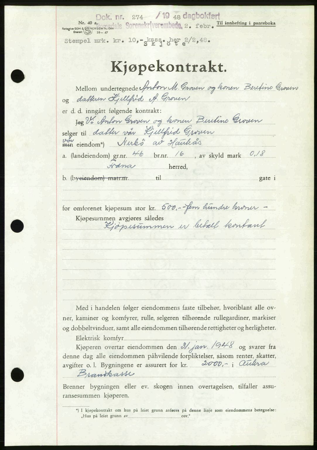Romsdal sorenskriveri, SAT/A-4149/1/2/2C: Pantebok nr. A25, 1948-1948, Dagboknr: 274/1948