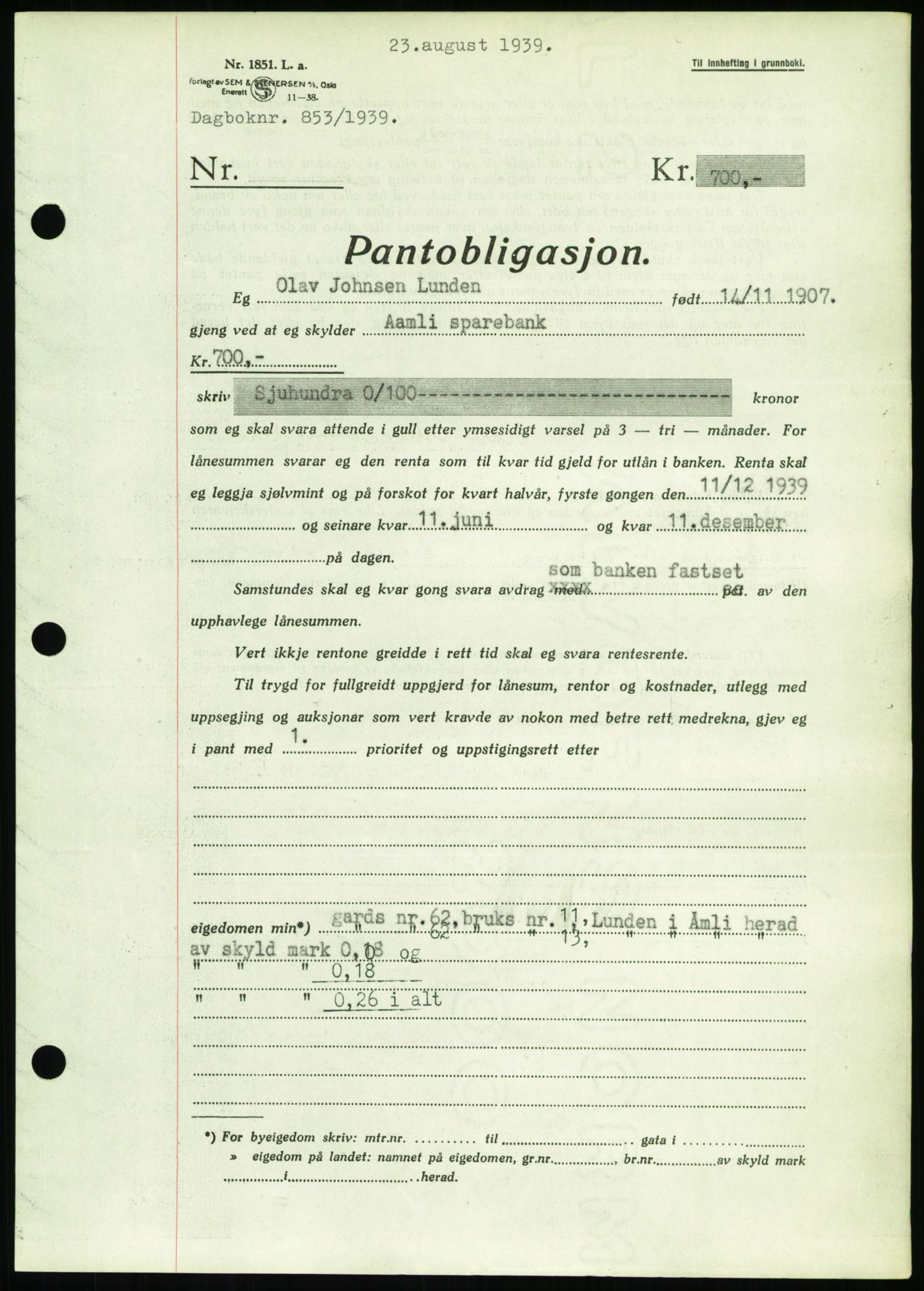 Nedenes sorenskriveri, SAK/1221-0006/G/Gb/Gbb/L0001: Pantebok nr. I, 1939-1942, Dagboknr: 853/1939