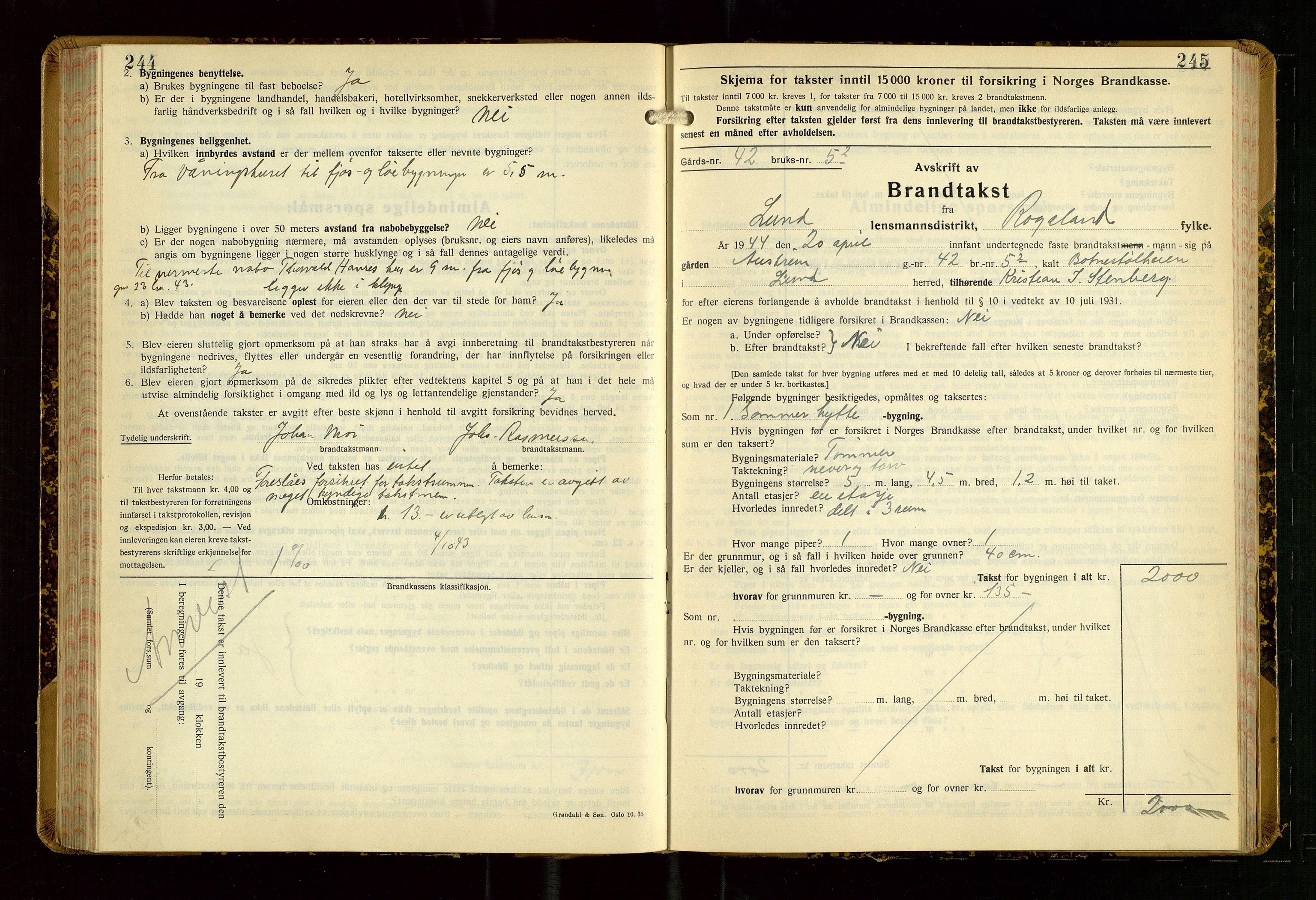 Lund lensmannskontor, SAST/A-100303/Gob/L0006: "Brandtakstprotokoll", 1938-1951, s. 244-245