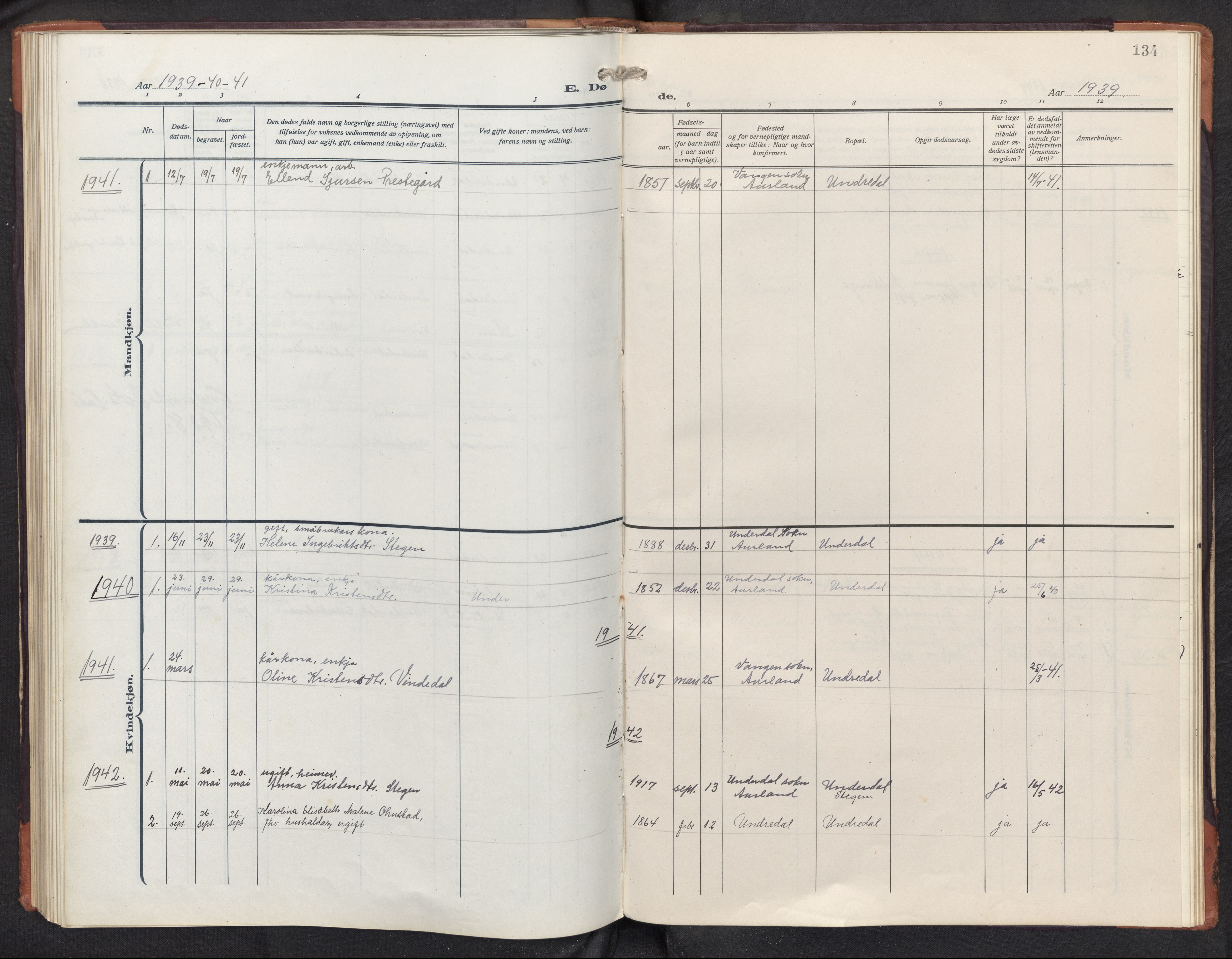 Aurland sokneprestembete, SAB/A-99937/H/Hb/Hbd/L0003: Klokkerbok nr. D 3, 1920-1968, s. 133b-134a