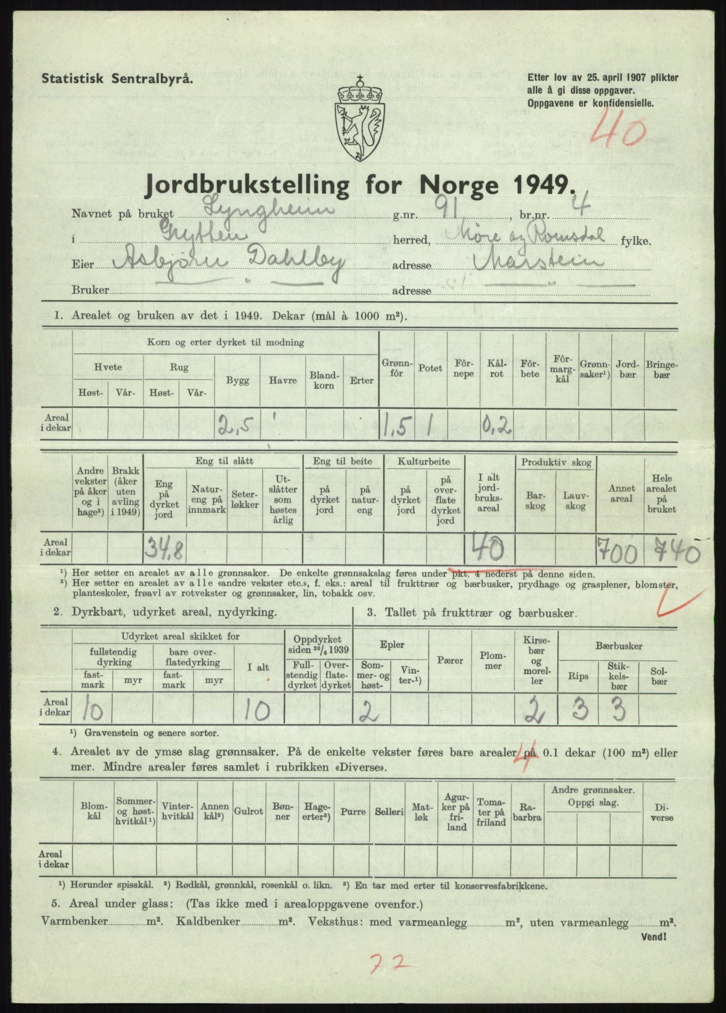Statistisk sentralbyrå, Næringsøkonomiske emner, Jordbruk, skogbruk, jakt, fiske og fangst, AV/RA-S-2234/G/Gc/L0323: Møre og Romsdal: Grytten og Hen, 1949, s. 213
