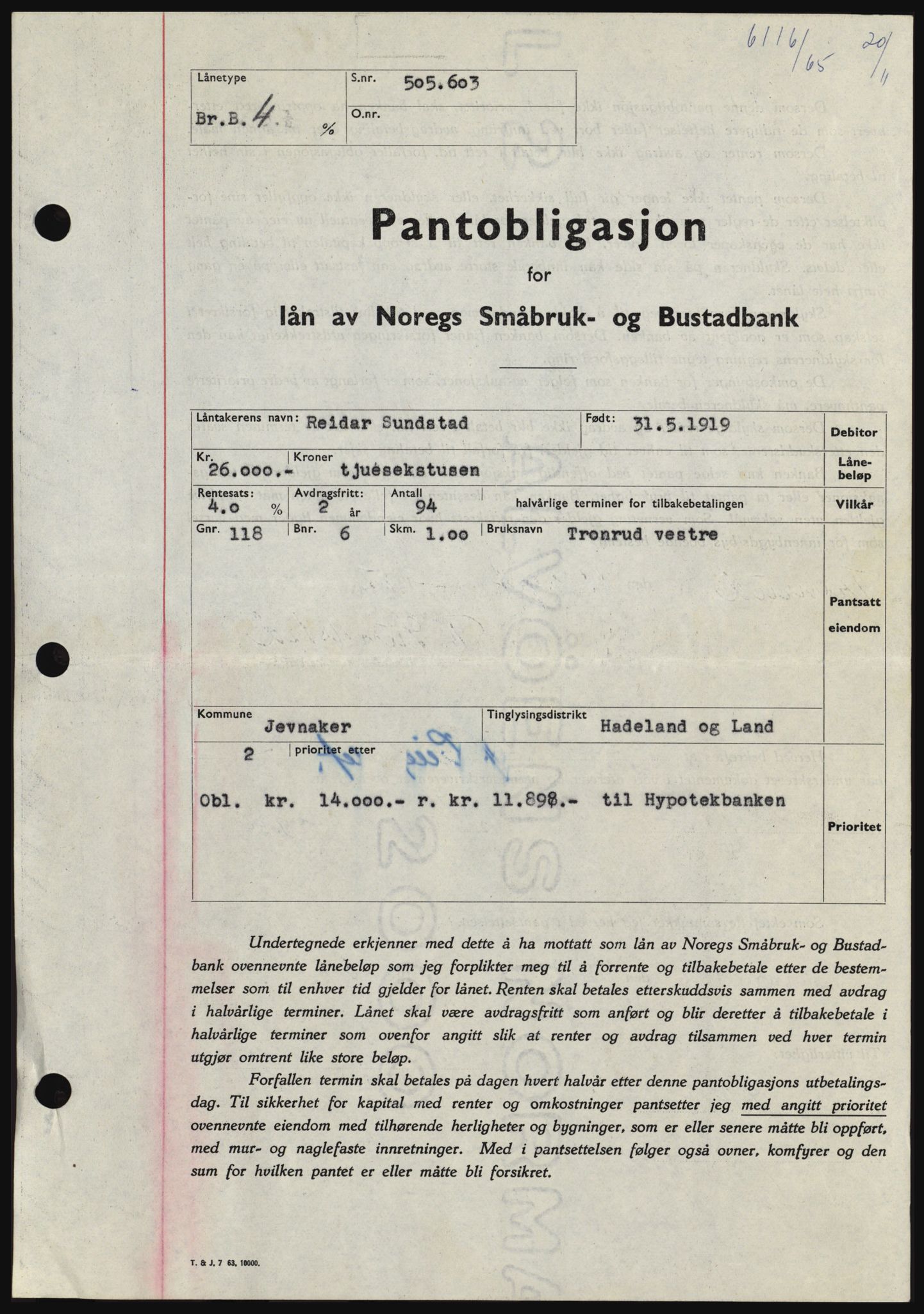 Hadeland og Land tingrett, SAH/TING-010/H/Hb/Hbc/L0061: Pantebok nr. B61, 1965-1966, Dagboknr: 6116/1965