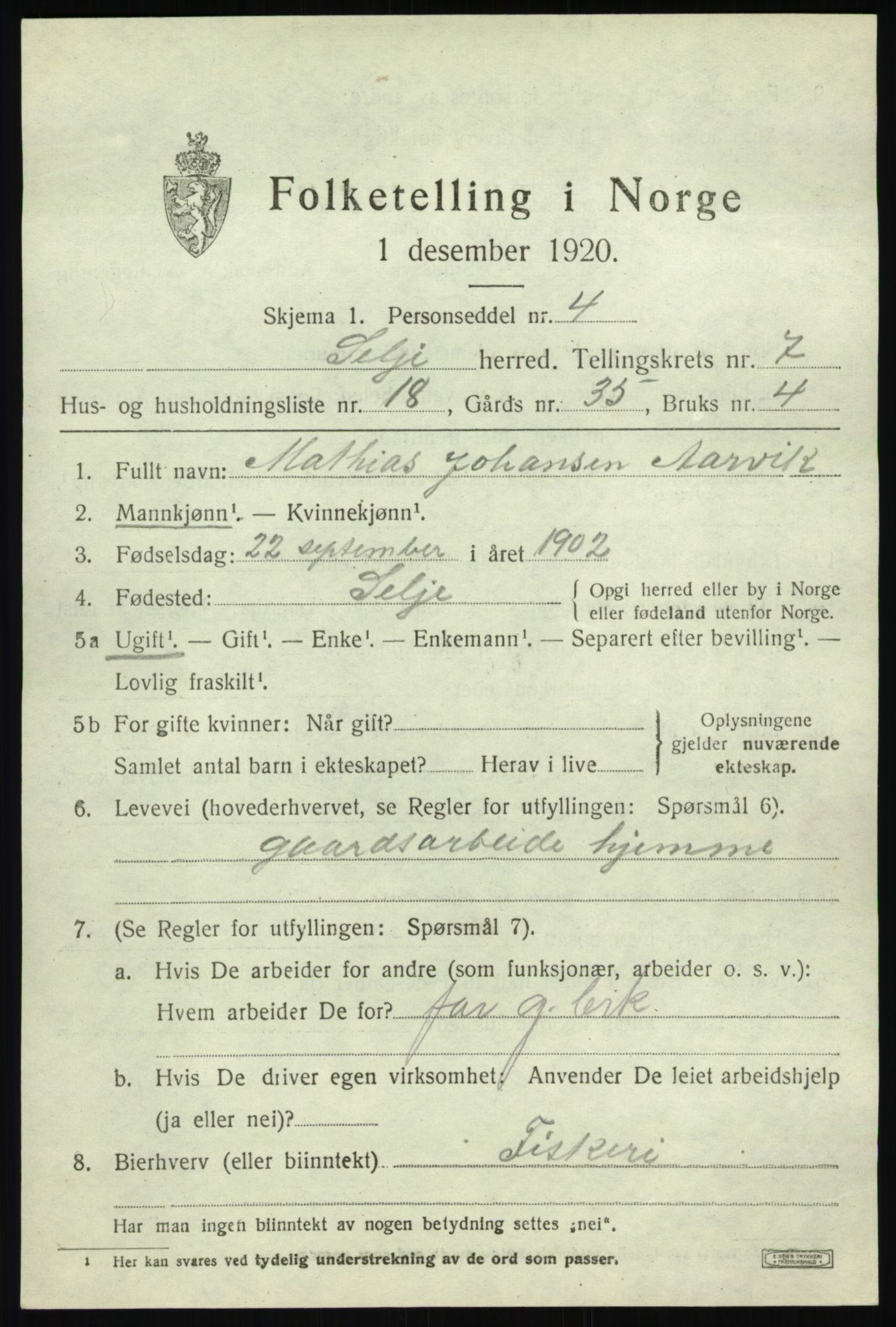 SAB, Folketelling 1920 for 1441 Selje herred, 1920, s. 3817