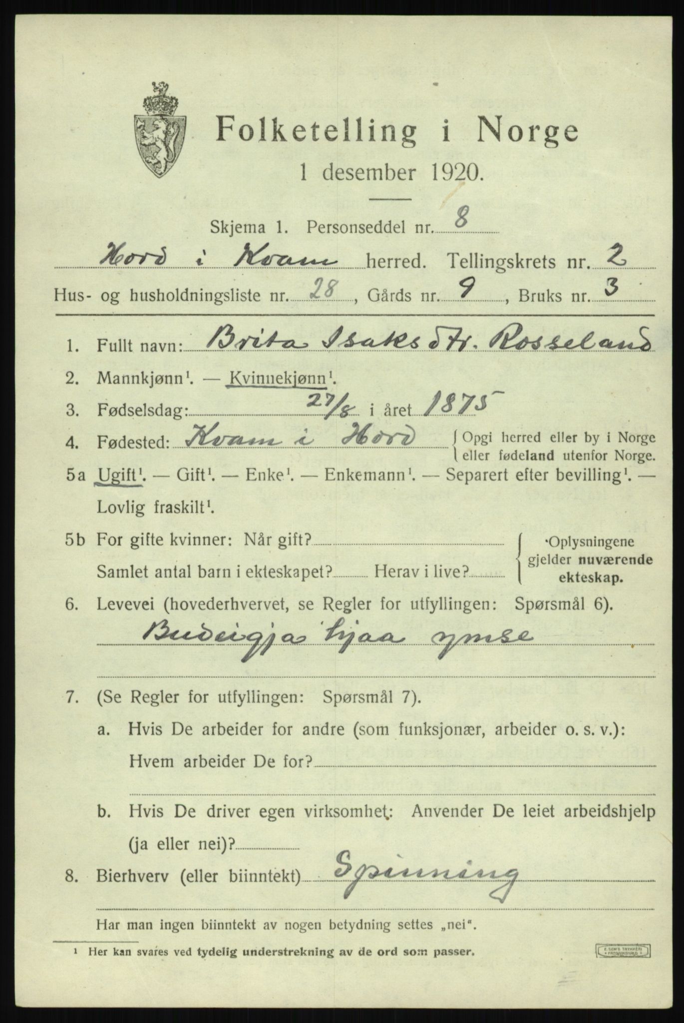 SAB, Folketelling 1920 for 1238 Kvam herred, 1920, s. 2503