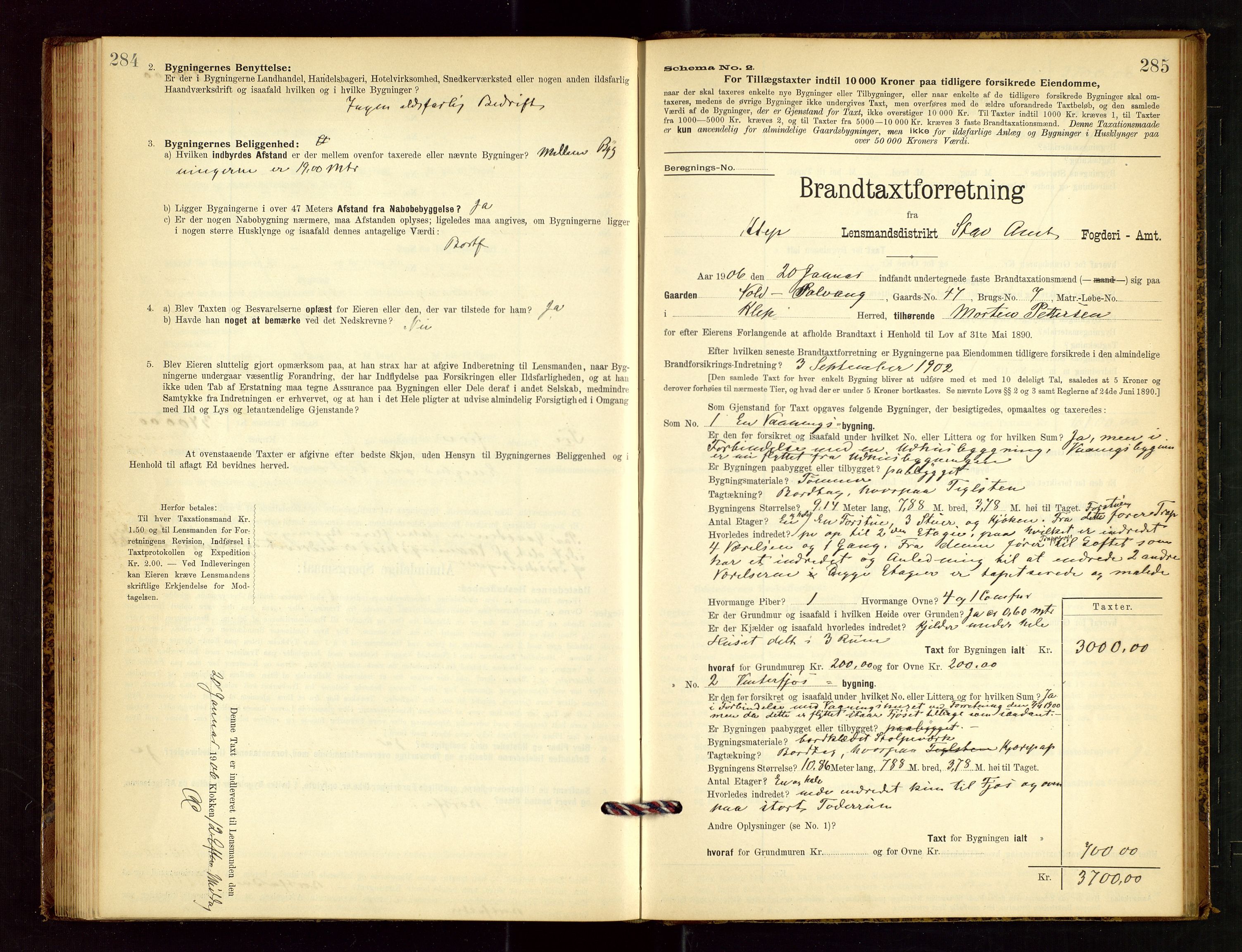 Klepp lensmannskontor, AV/SAST-A-100163/Goc/L0003: "Brandtaxationsprotokol" m/register, 1902-1907, s. 284-285