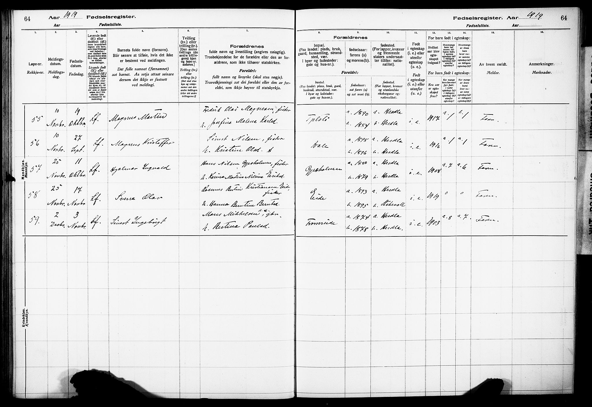 Herdla Sokneprestembete, AV/SAB-A-75701/I/Id/L00A1: Fødselsregister nr. A 1, 1916-1929, s. 64