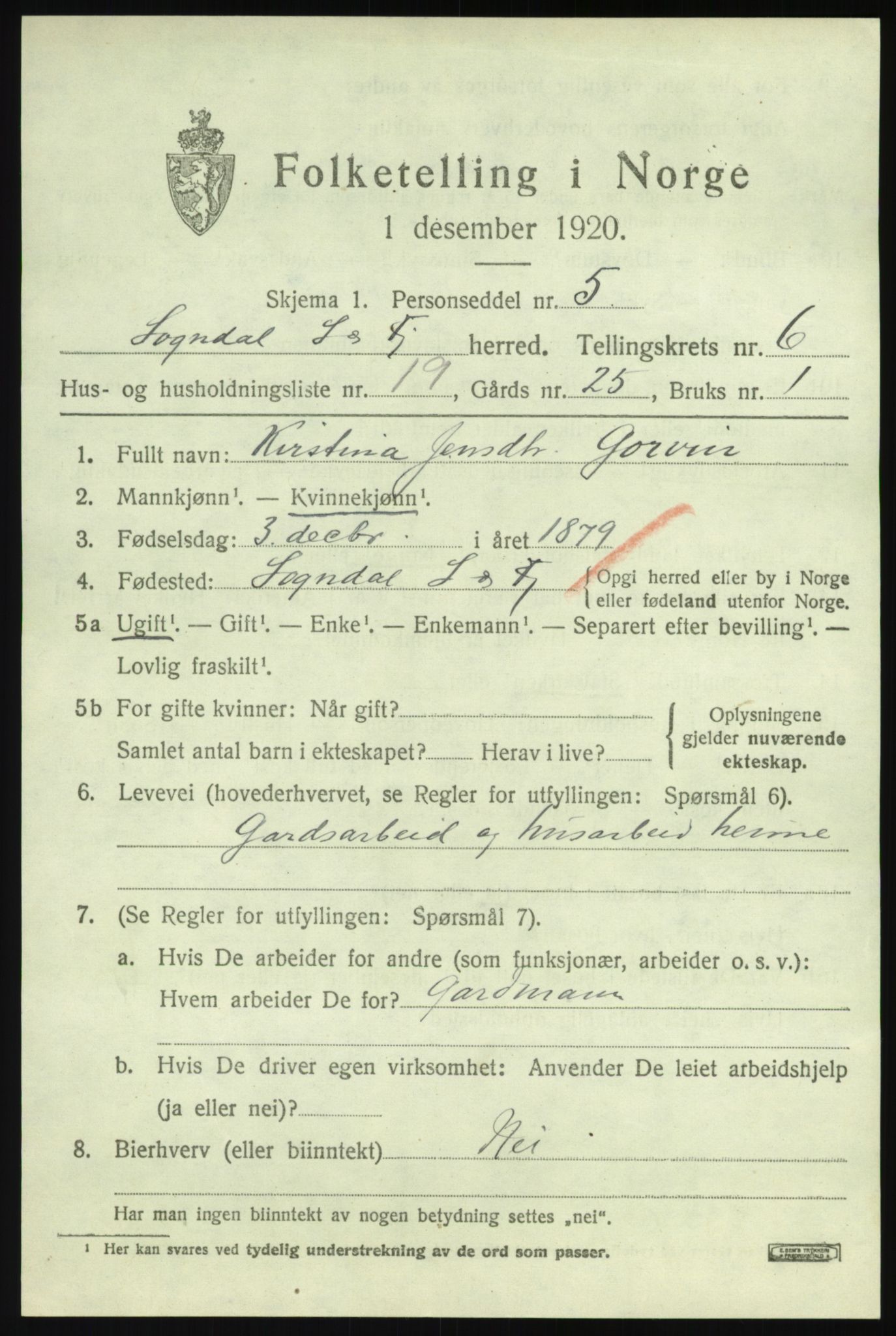 SAB, Folketelling 1920 for 1420 Sogndal herred, 1920, s. 3211