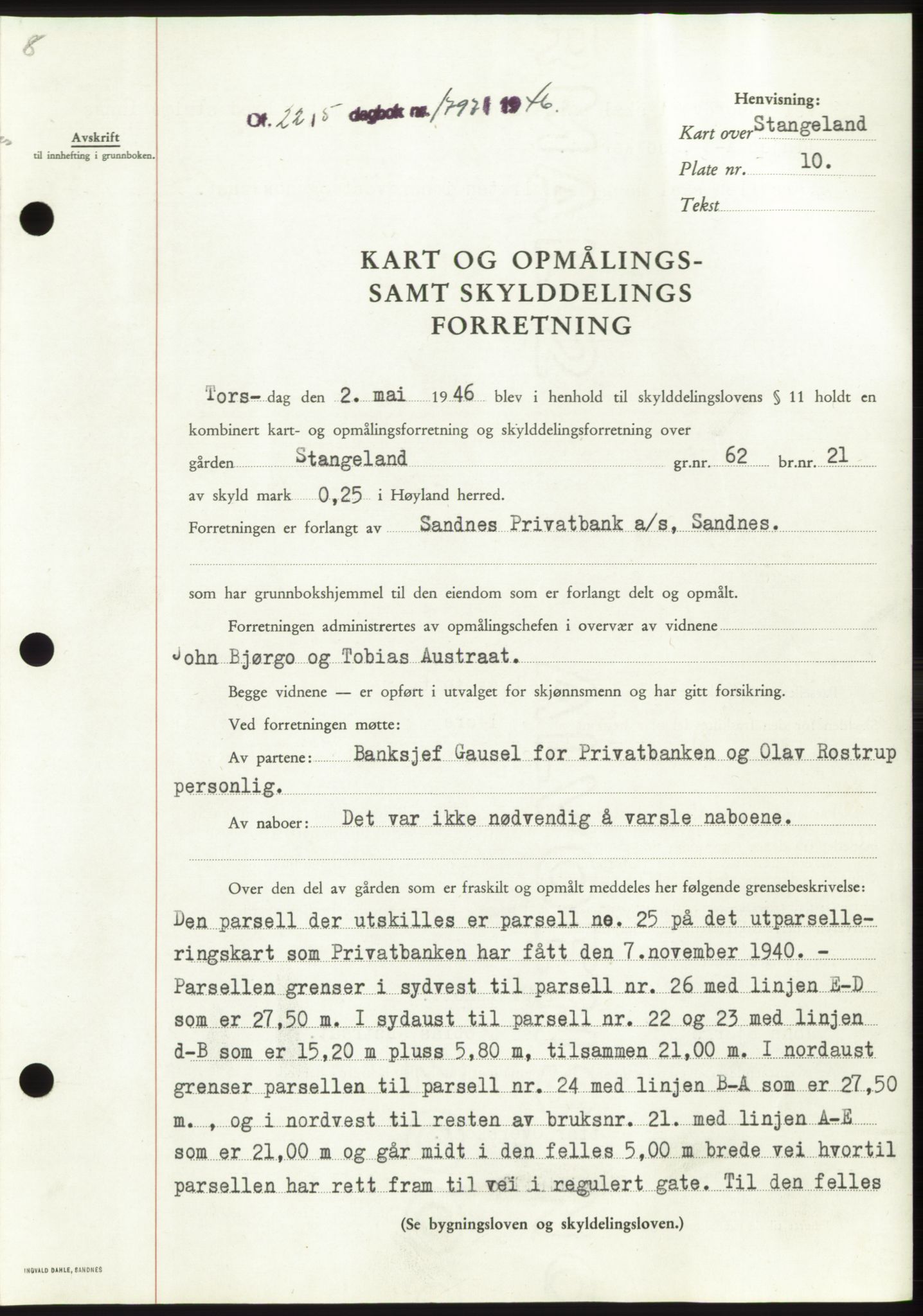 Jæren sorenskriveri, SAST/A-100310/03/G/Gba/L0090: Pantebok, 1946-1946, Dagboknr: 1797/1946