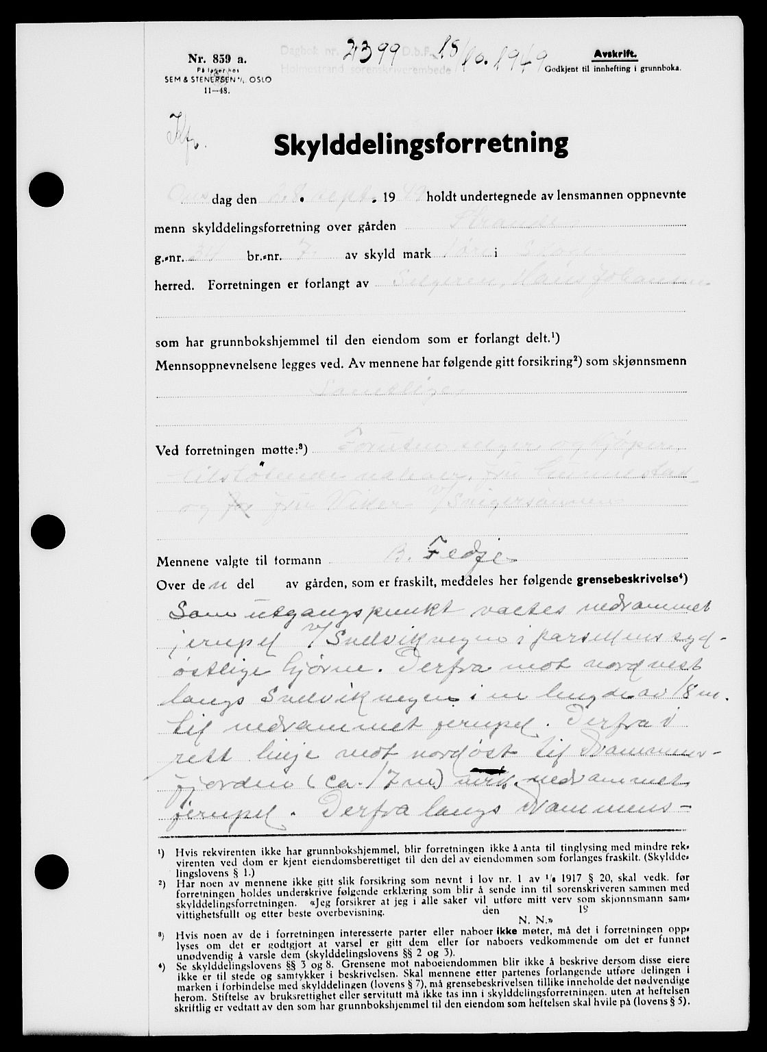 Holmestrand sorenskriveri, SAKO/A-67/G/Ga/Gaa/L0067: Pantebok nr. A-67, 1949-1949, Dagboknr: 2399/1949