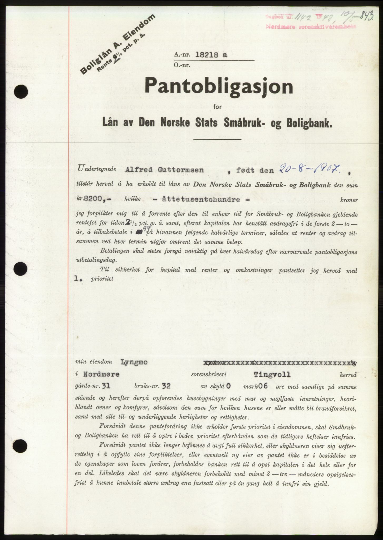 Nordmøre sorenskriveri, SAT/A-4132/1/2/2Ca: Pantebok nr. B98, 1948-1948, Dagboknr: 1142/1948