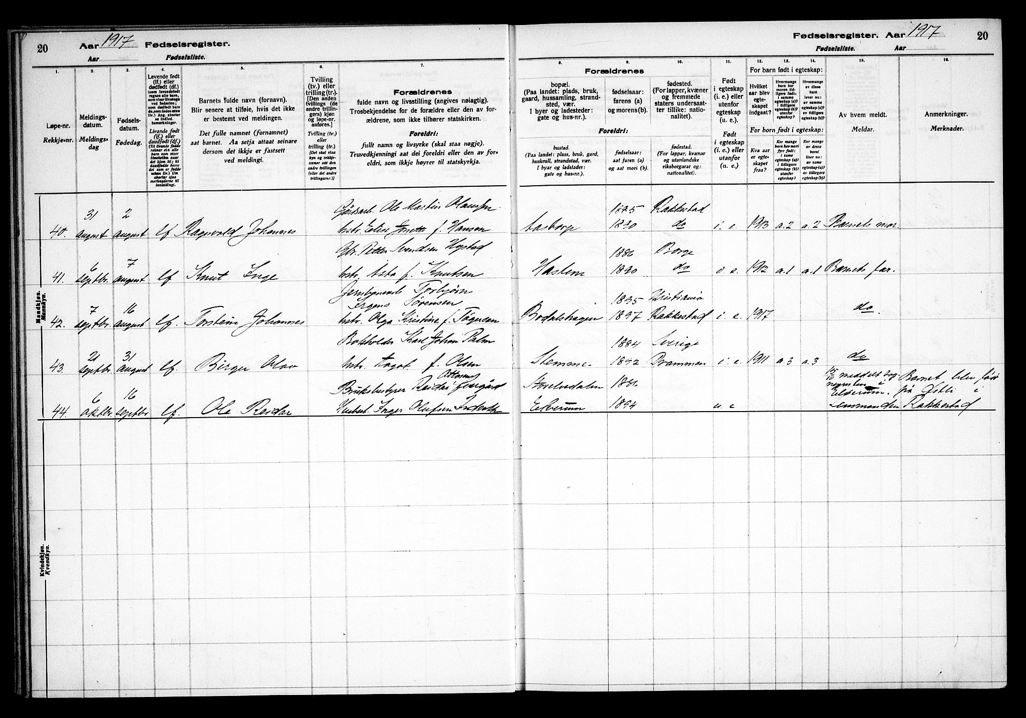 Rakkestad prestekontor Kirkebøker, AV/SAO-A-2008/J/Ja/L0001: Fødselsregister nr. I 1, 1916-1936, s. 20