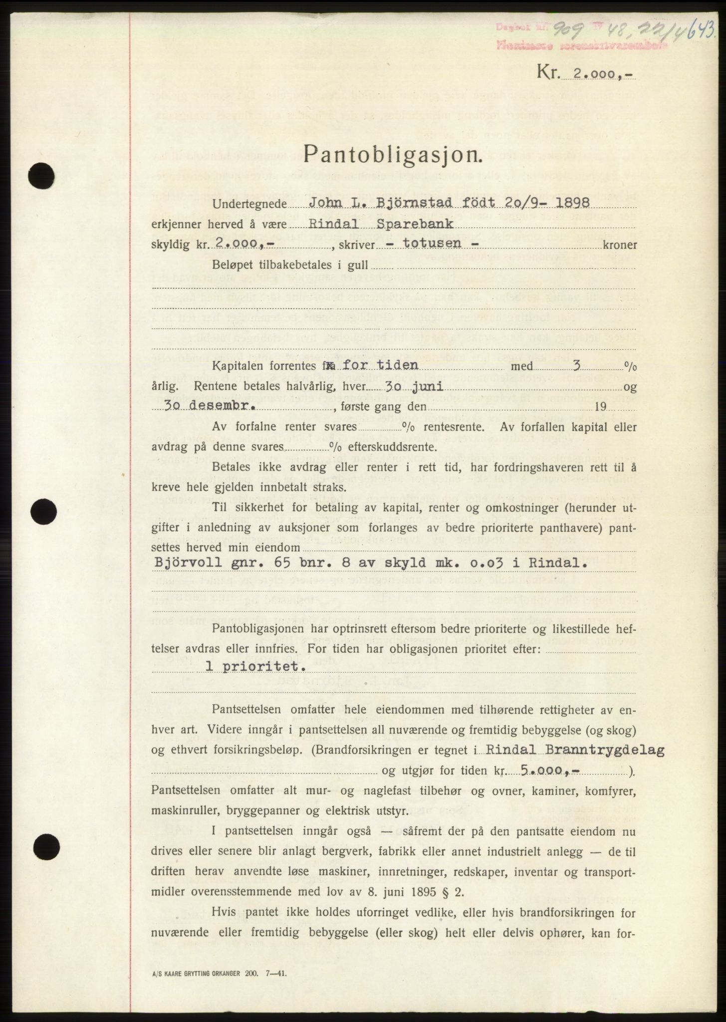 Nordmøre sorenskriveri, AV/SAT-A-4132/1/2/2Ca: Pantebok nr. B98, 1948-1948, Dagboknr: 909/1948