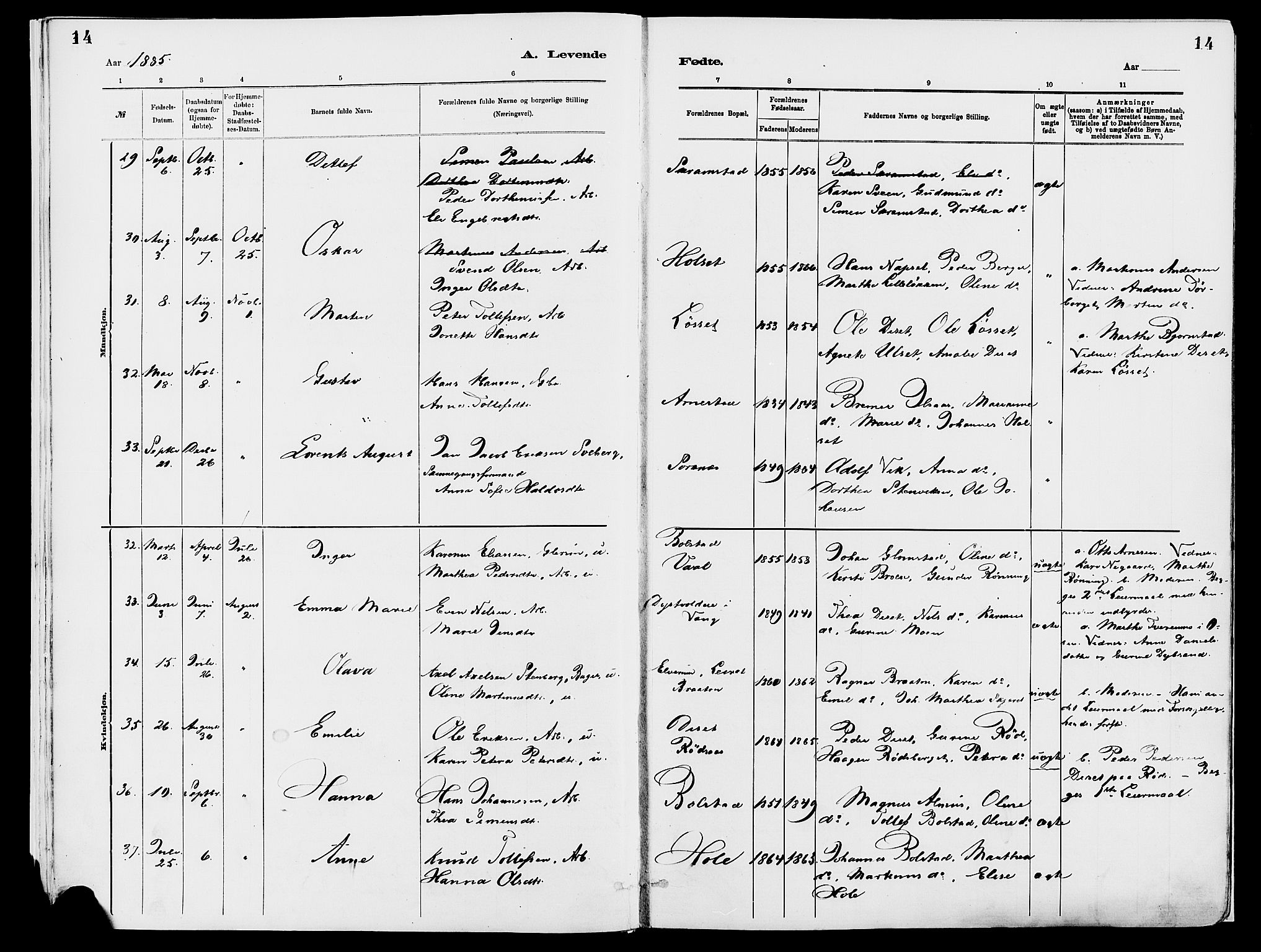 Åmot prestekontor, Hedmark, AV/SAH-PREST-056/H/Ha/Haa/L0010: Ministerialbok nr. 10, 1884-1889, s. 14