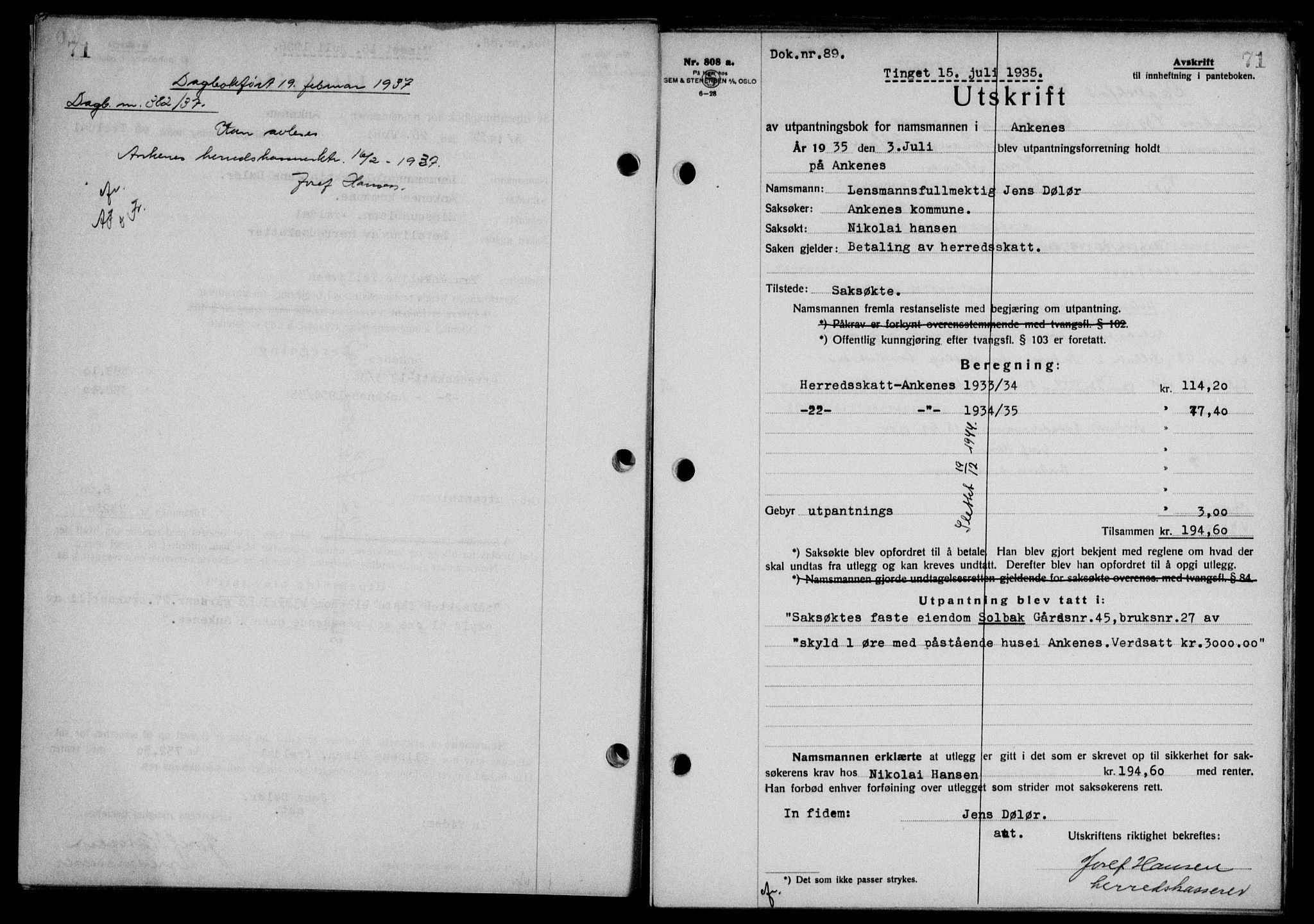 Steigen og Ofoten sorenskriveri, AV/SAT-A-0030/1/2/2C/L0026: Pantebok nr. 30, 1935-1936, Tingl.dato: 15.07.1935