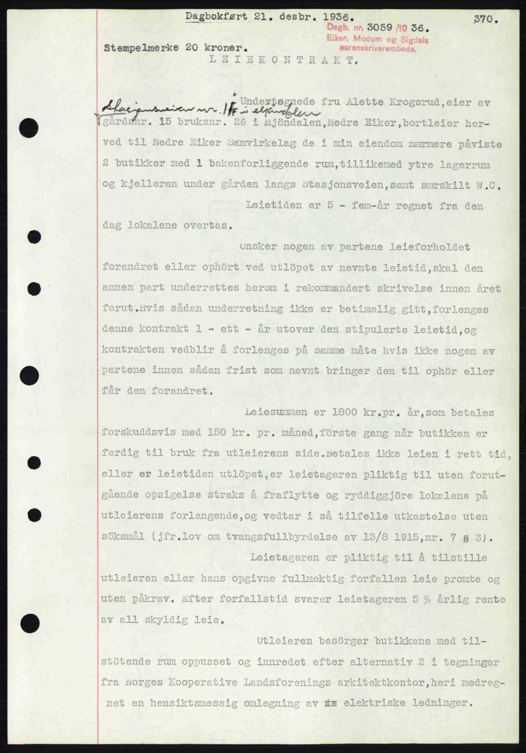 Eiker, Modum og Sigdal sorenskriveri, SAKO/A-123/G/Ga/Gab/L0034: Pantebok nr. A4, 1936-1937, Dagboknr: 3059/1936