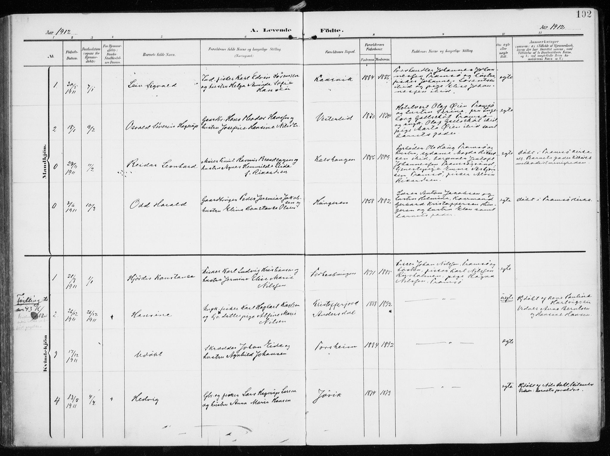 Tromsøysund sokneprestkontor, AV/SATØ-S-1304/G/Ga/L0007kirke: Ministerialbok nr. 7, 1907-1914, s. 102