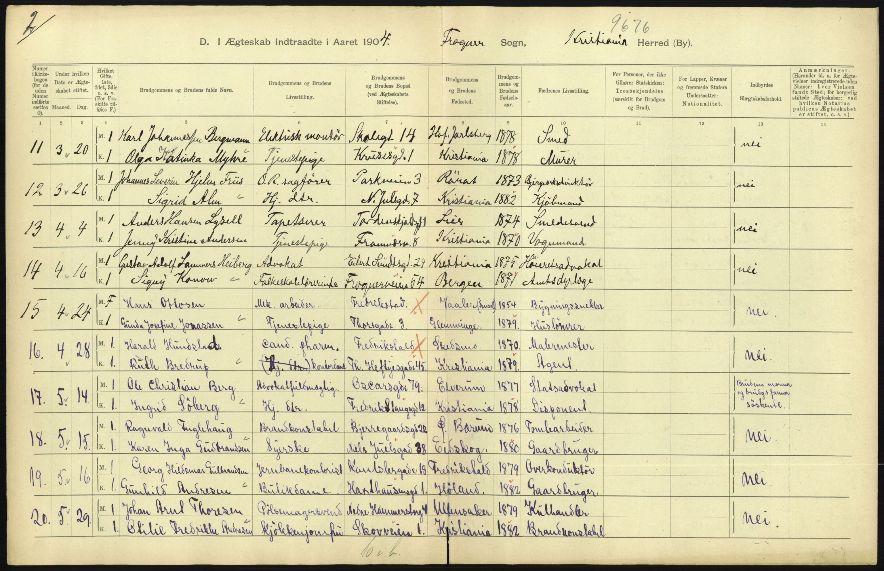 Statistisk sentralbyrå, Sosiodemografiske emner, Befolkning, RA/S-2228/D/Df/Dfa/Dfab/L0004: Kristiania: Gifte, døde, 1904, s. 225