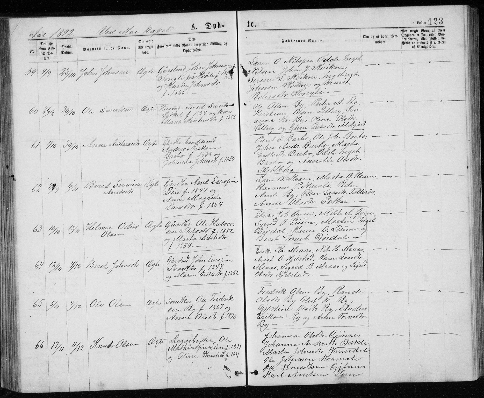 Ministerialprotokoller, klokkerbøker og fødselsregistre - Sør-Trøndelag, SAT/A-1456/671/L0843: Klokkerbok nr. 671C02, 1873-1892, s. 123