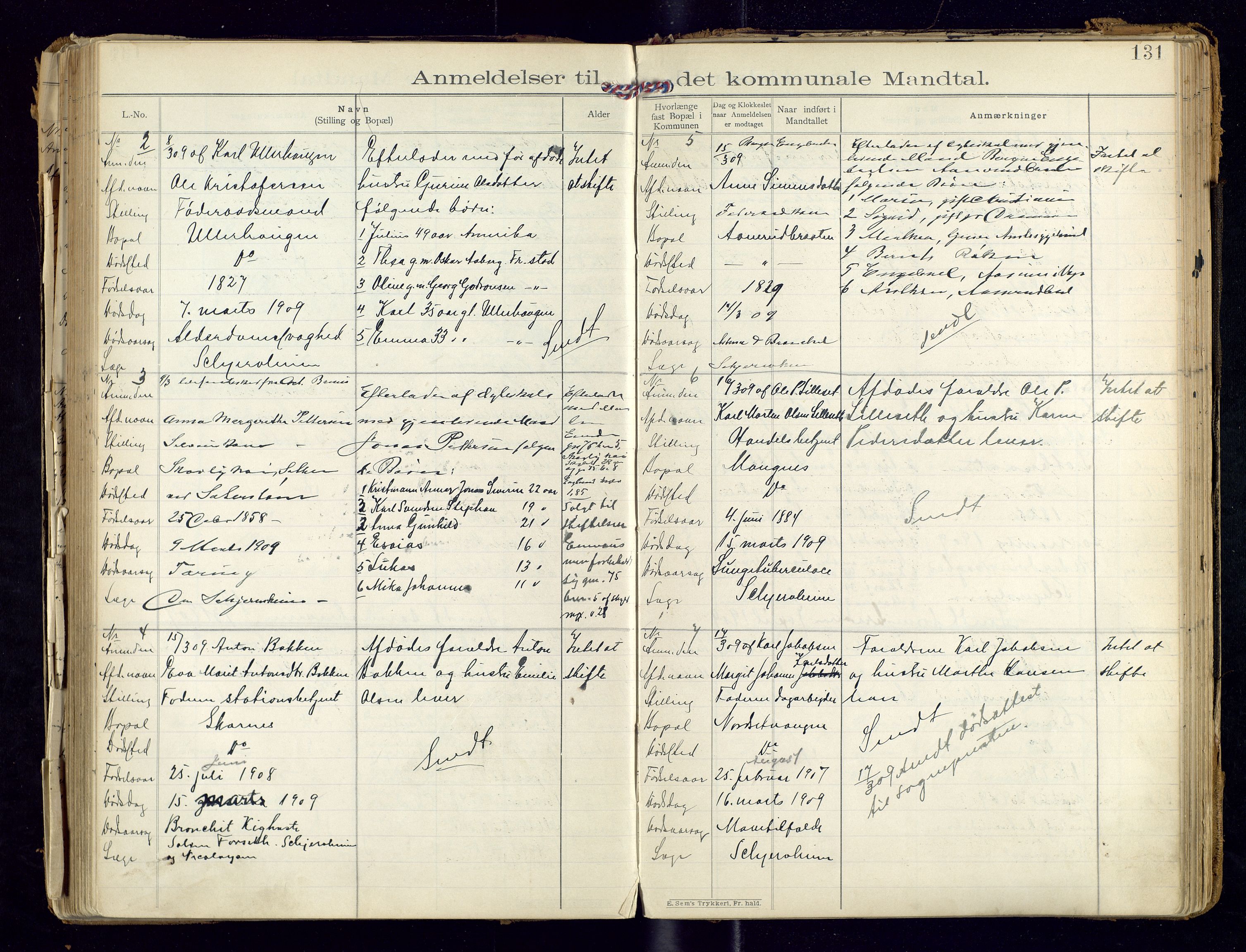 Sør-Odal lensmannskontor, SAH/LHS-022/H/Hb/L0001/0002: Protokoller over anmeldte dødsfall / Protokoll over anmeldte dødsfall, 1901-1913, s. 131