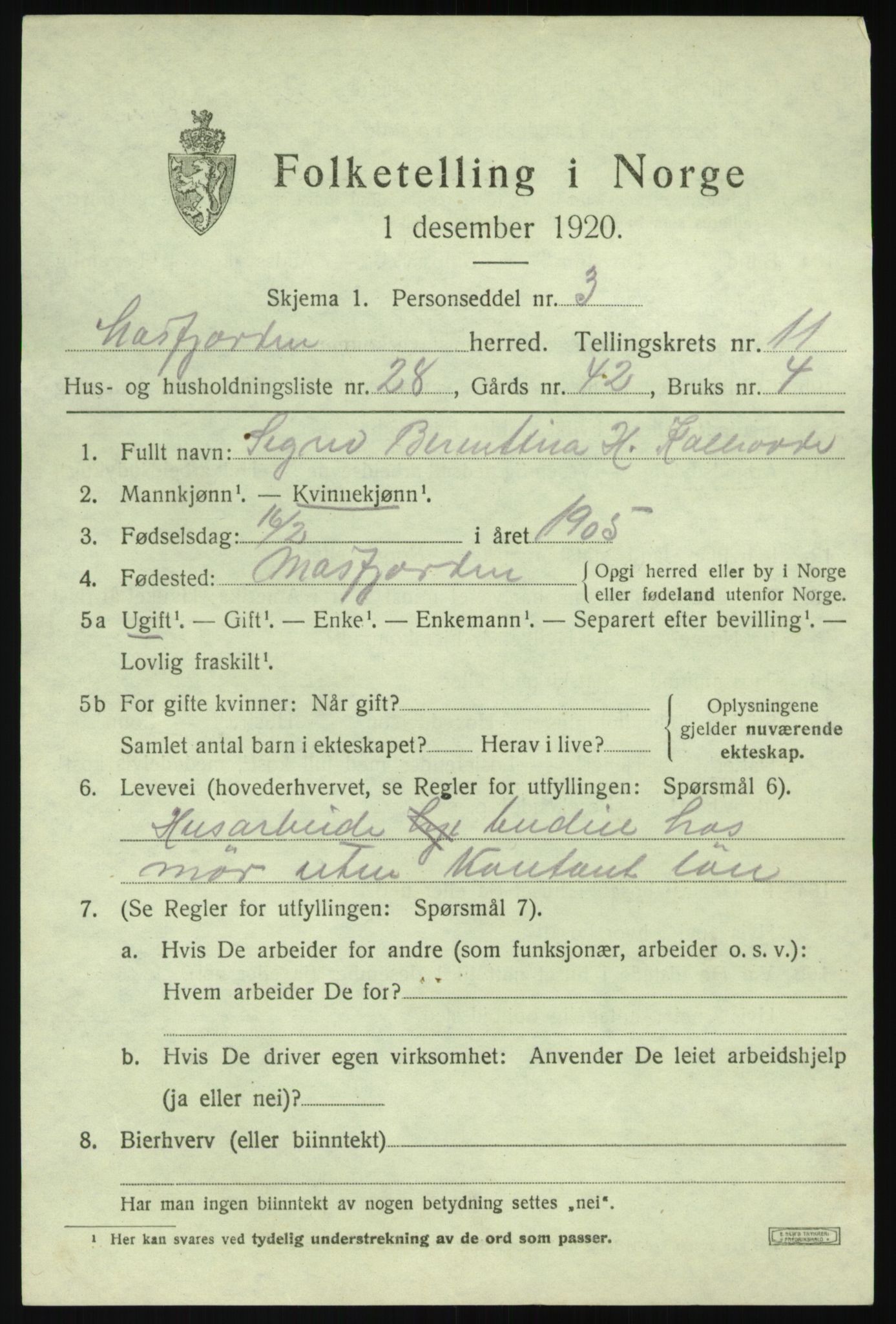 SAB, Folketelling 1920 for 1266 Masfjorden herred, 1920, s. 4453