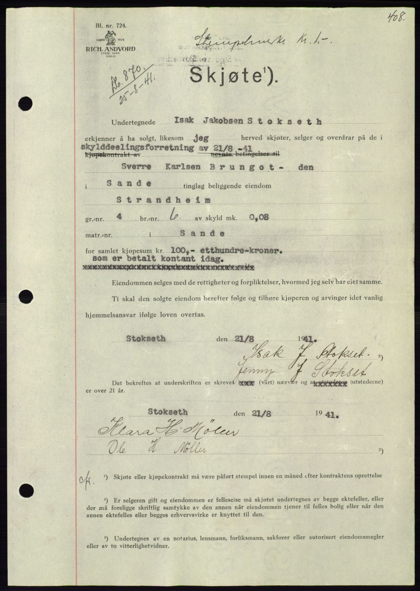 Søre Sunnmøre sorenskriveri, AV/SAT-A-4122/1/2/2C/L0071: Pantebok nr. 65, 1941-1941, Dagboknr: 870/1941