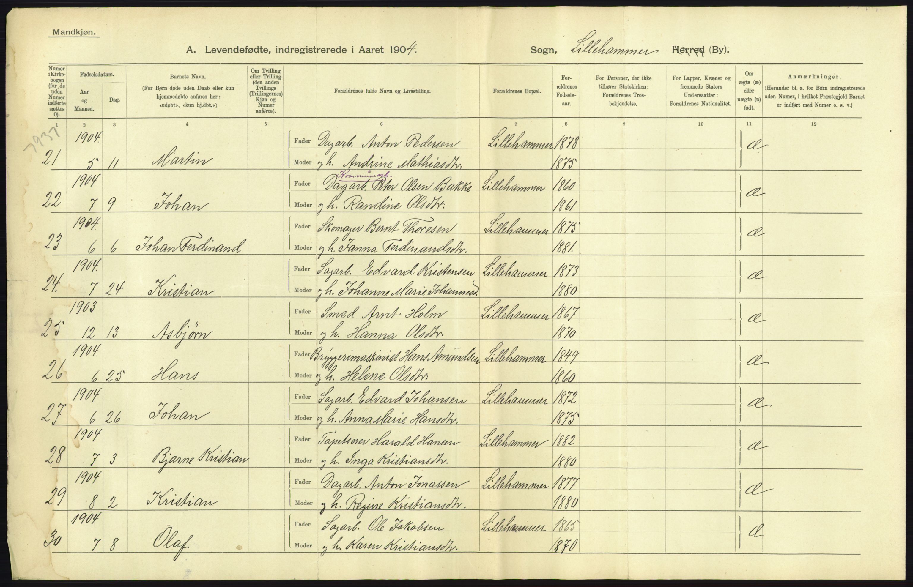 Statistisk sentralbyrå, Sosiodemografiske emner, Befolkning, AV/RA-S-2228/D/Df/Dfa/Dfab/L0006: Kristians amt: Fødte, gifte, døde, 1904, s. 865