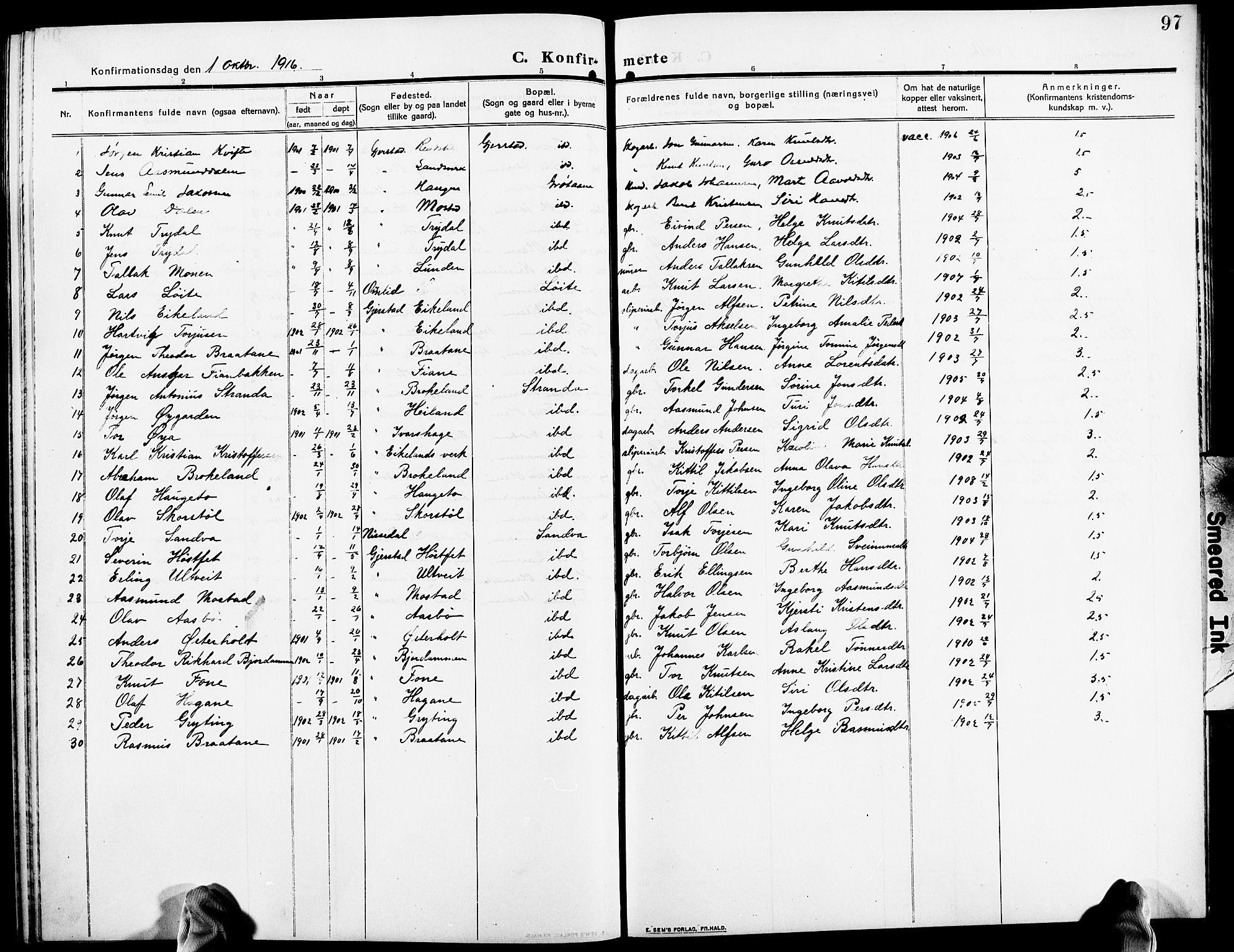 Gjerstad sokneprestkontor, AV/SAK-1111-0014/F/Fb/Fba/L0008: Klokkerbok nr. B 8, 1909-1925, s. 97