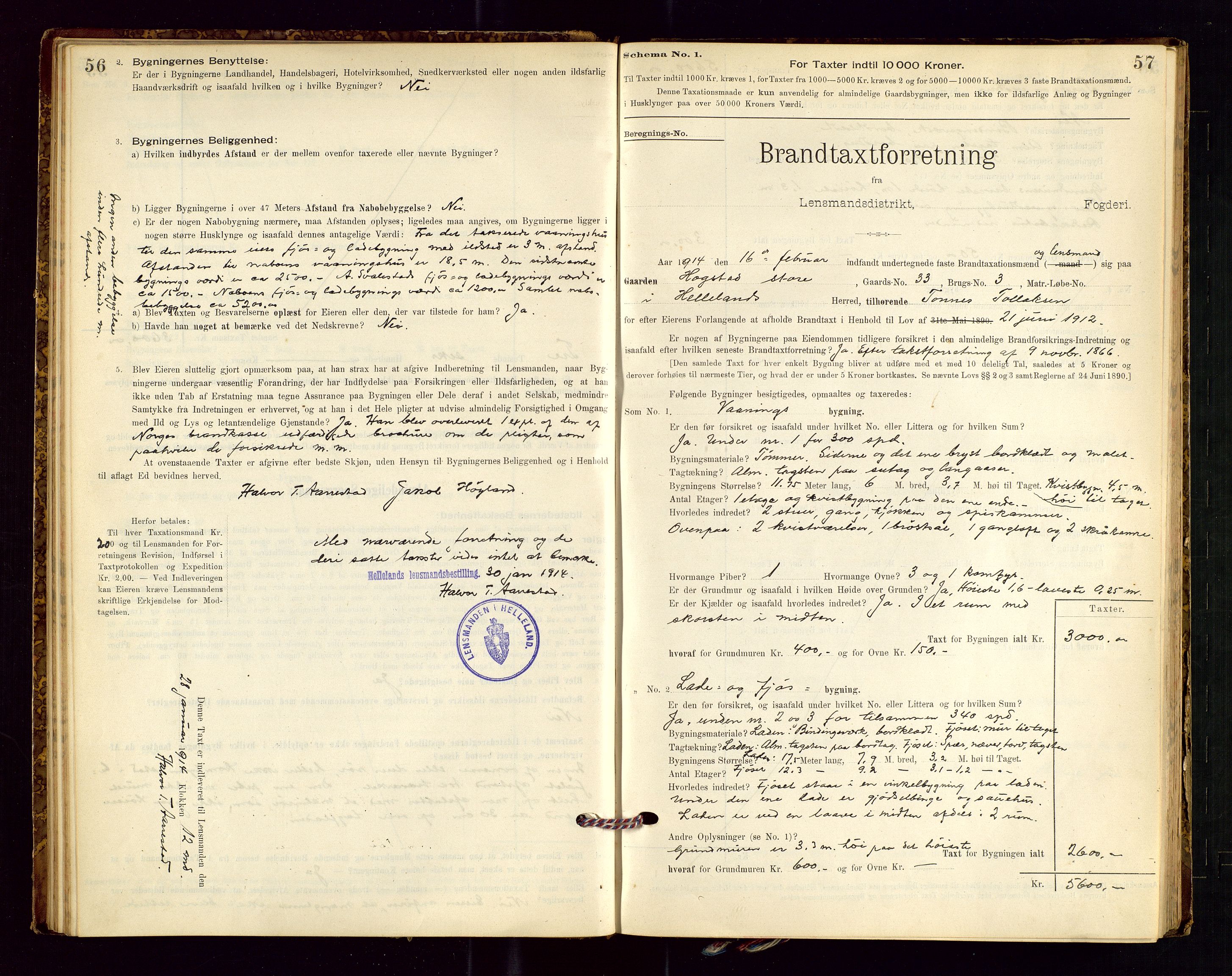 Helleland lensmannskontor, AV/SAST-A-100209/Gob/L0001: "Brandtaxationsprotokol", 1896-1919, s. 56-57