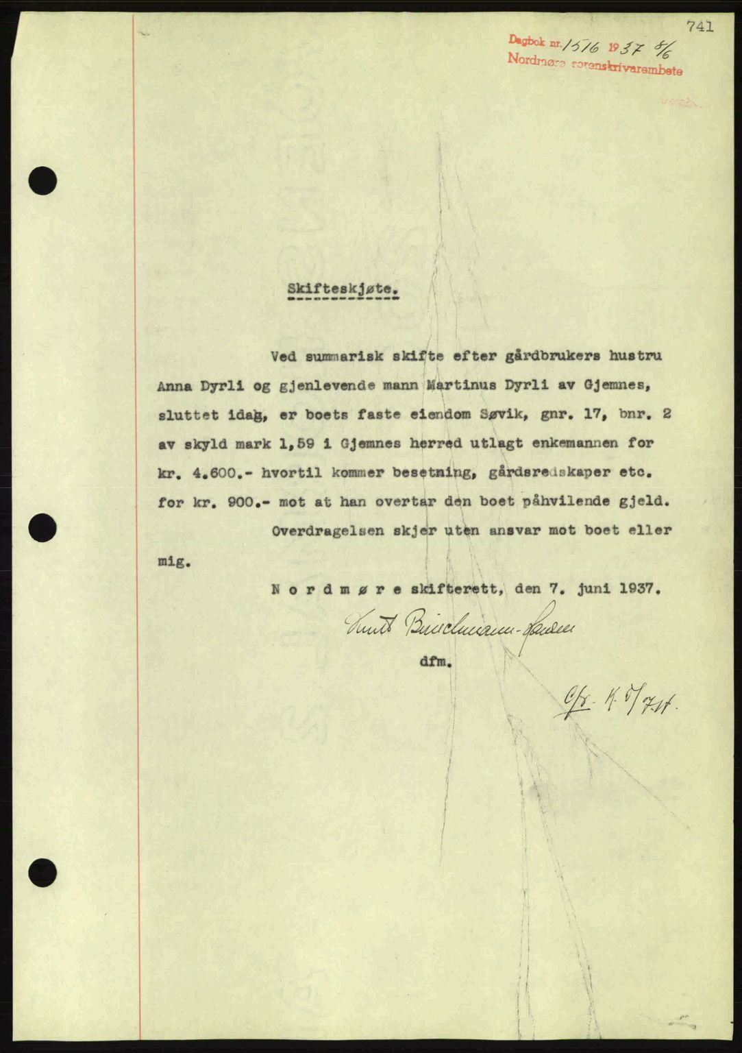 Nordmøre sorenskriveri, SAT/A-4132/1/2/2Ca: Pantebok nr. A81, 1937-1937, Dagboknr: 1516/1937