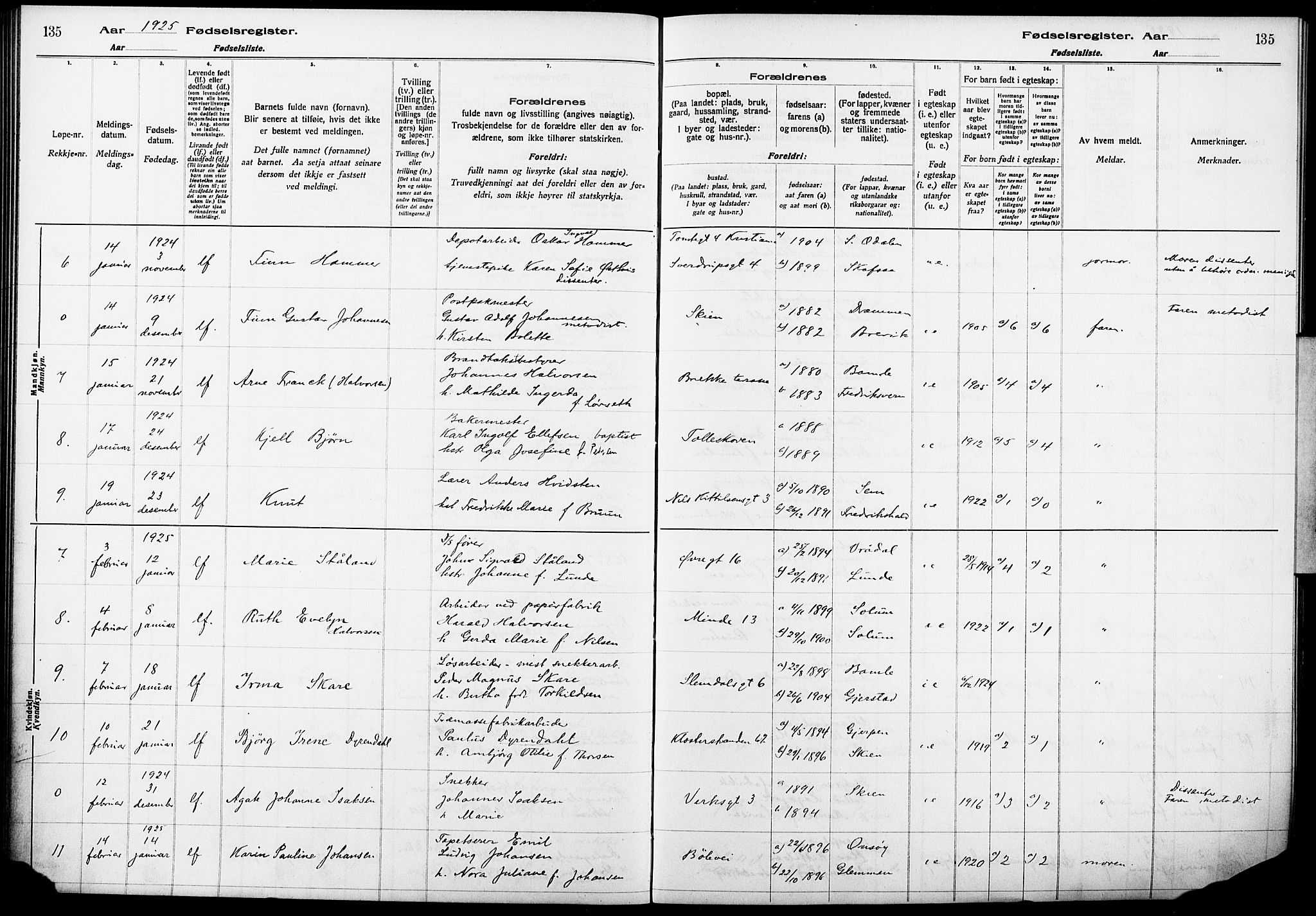 Skien kirkebøker, SAKO/A-302/J/Ja/L0002: Fødselsregister nr. 2, 1921-1927, s. 135