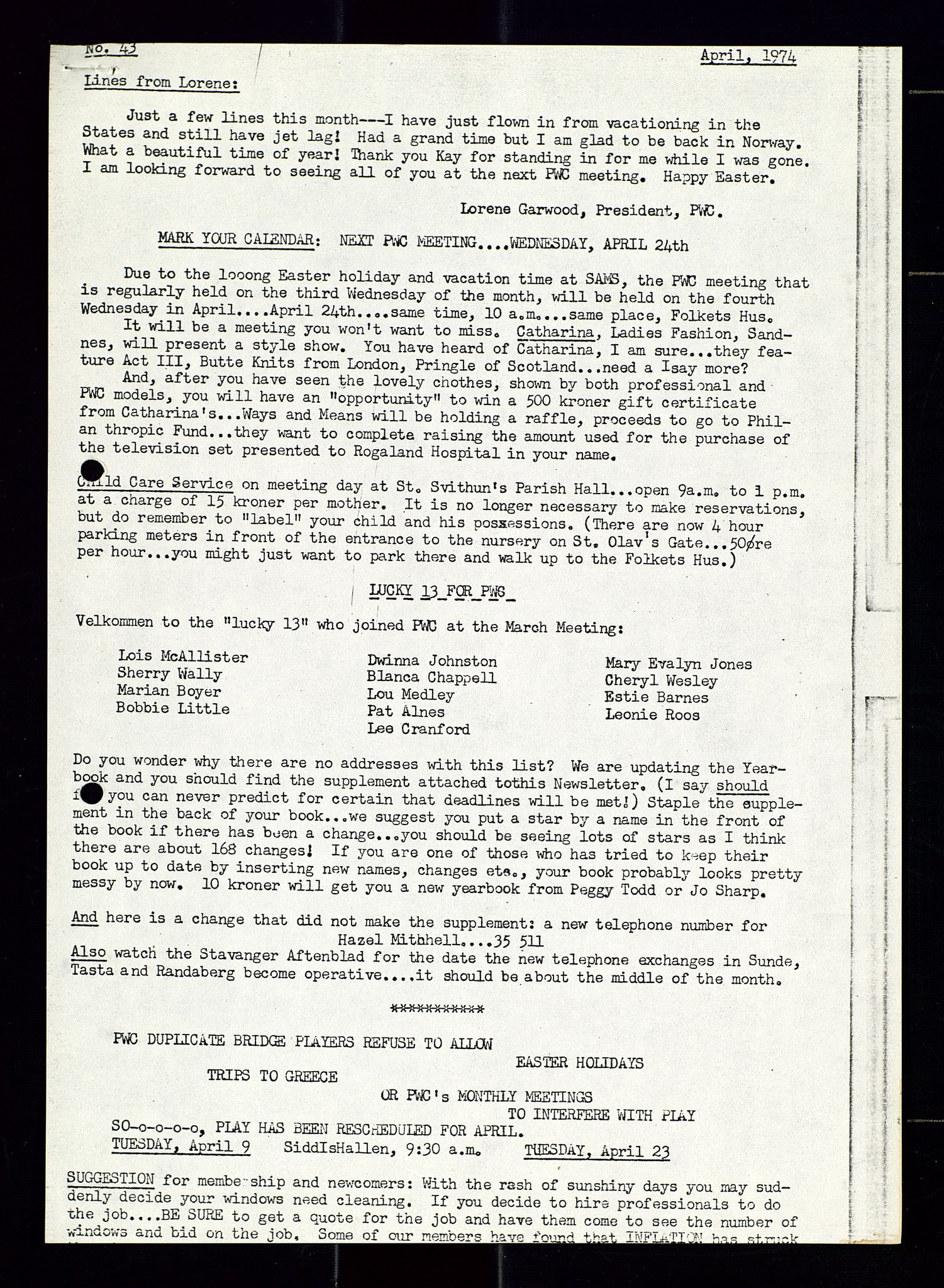 PA 1547 - Petroleum Wives Club, AV/SAST-A-101974/X/Xa/L0001: Newsletters (1971-1978)/radiointervjuer på kasett (1989-1992), 1970-1978