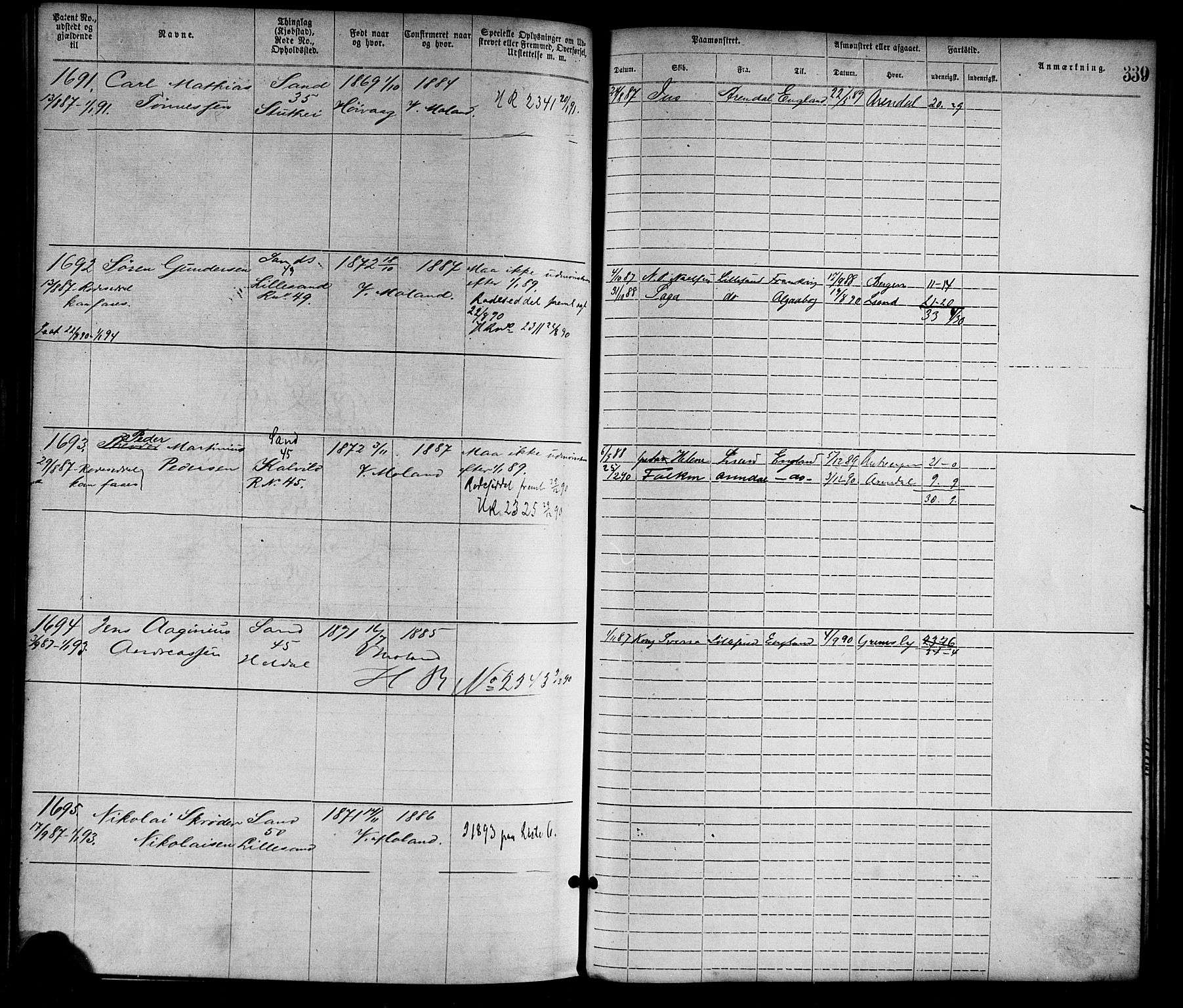 Lillesand mønstringskrets, SAK/2031-0014/F/Fa/L0004: Annotasjonsrulle nr 1-1920 med register, G-1, 1869-1891, s. 367