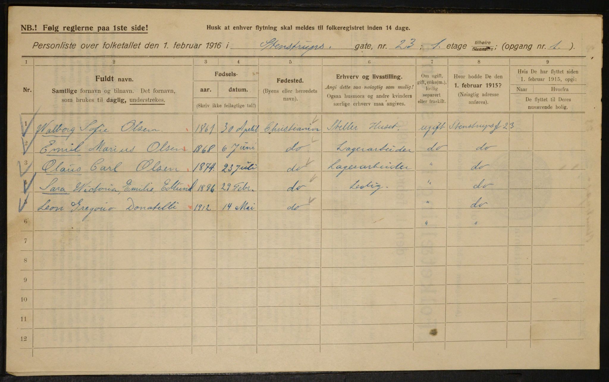 OBA, Kommunal folketelling 1.2.1916 for Kristiania, 1916, s. 104096