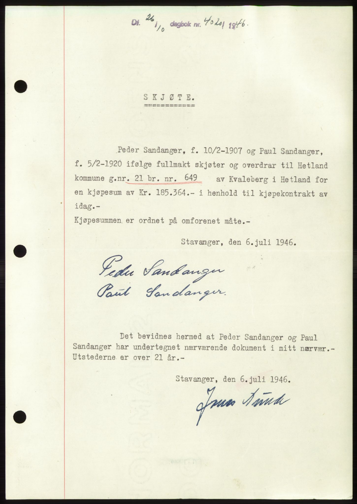 Jæren sorenskriveri, SAST/A-100310/03/G/Gba/L0092: Pantebok, 1946-1946, Dagboknr: 4020/1946