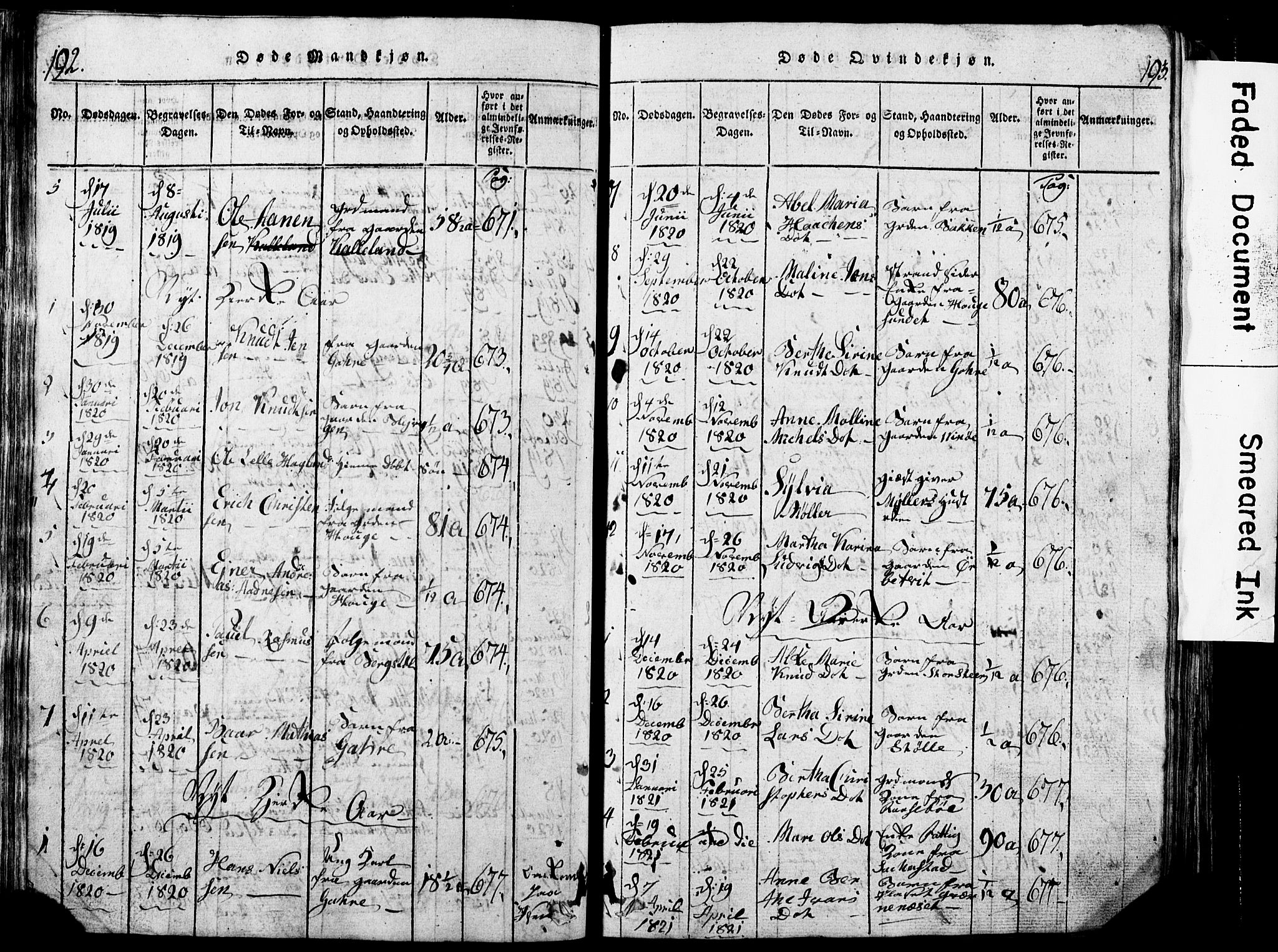 Torvastad sokneprestkontor, AV/SAST-A -101857/H/Ha/Hab/L0002: Klokkerbok nr. B 2, 1817-1834, s. 192-193